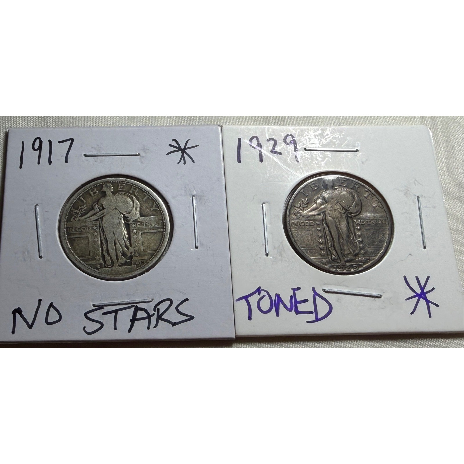 1917 No Stars & 1929 Toned Standing Liberty Quarter Silver Coin Lot 2pc S132