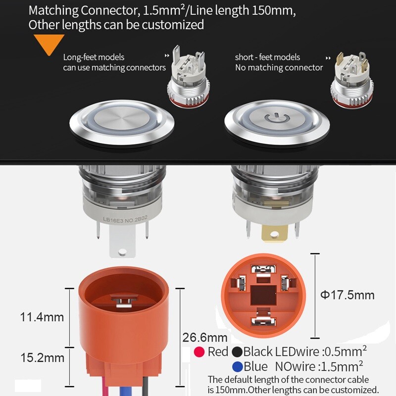 16mm High Current 16A High-Power Metal Push Button Switch 12V 24V 220V LED Light
