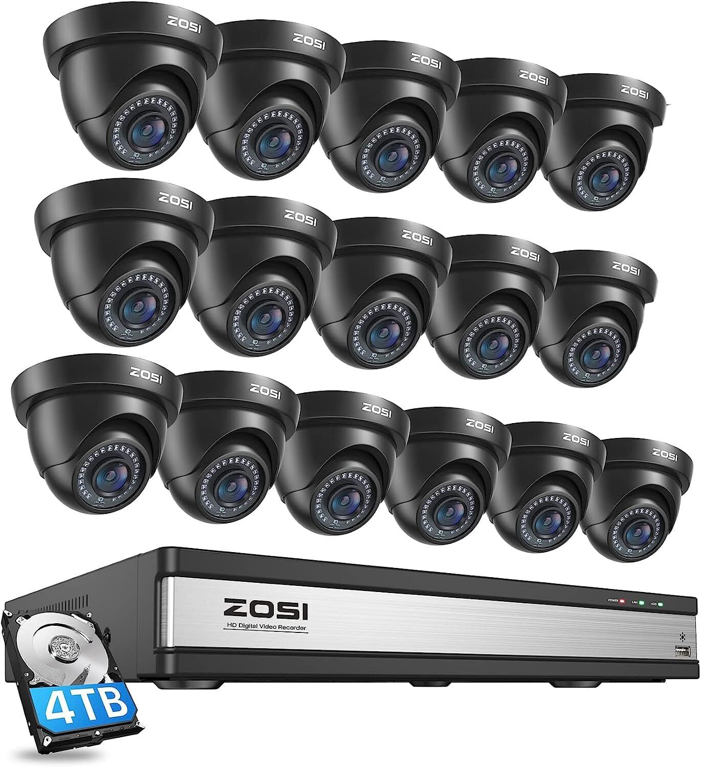 ZOSI 16CH H.265 1080P Home Security Camera System 4TB Outdoor CCTV Dome Camera