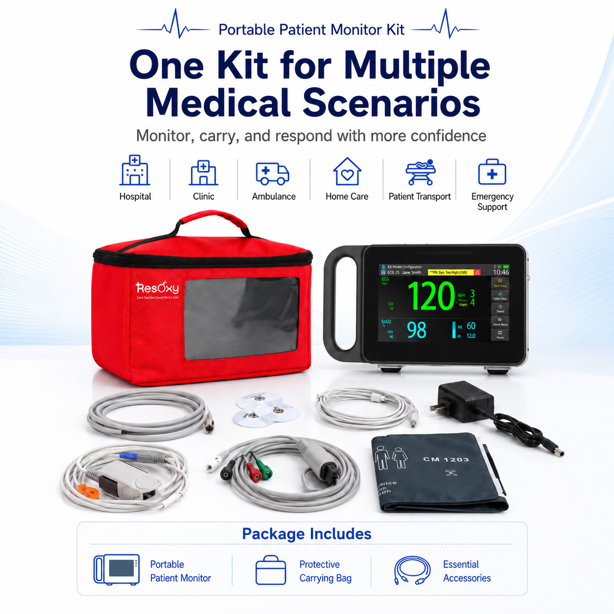 Portable 7-Inch Patient Monitor ECG/NIBP/SpO2/PR/TEMP/RESP With Carrying Case