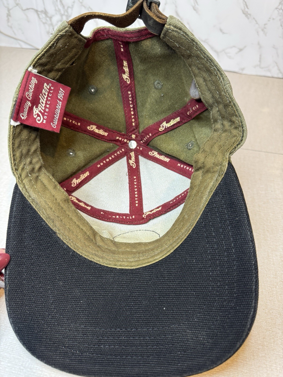 Indian Motorcycle 1901 Flatbill Waxed Cotton Hat Leather Strap Adustable