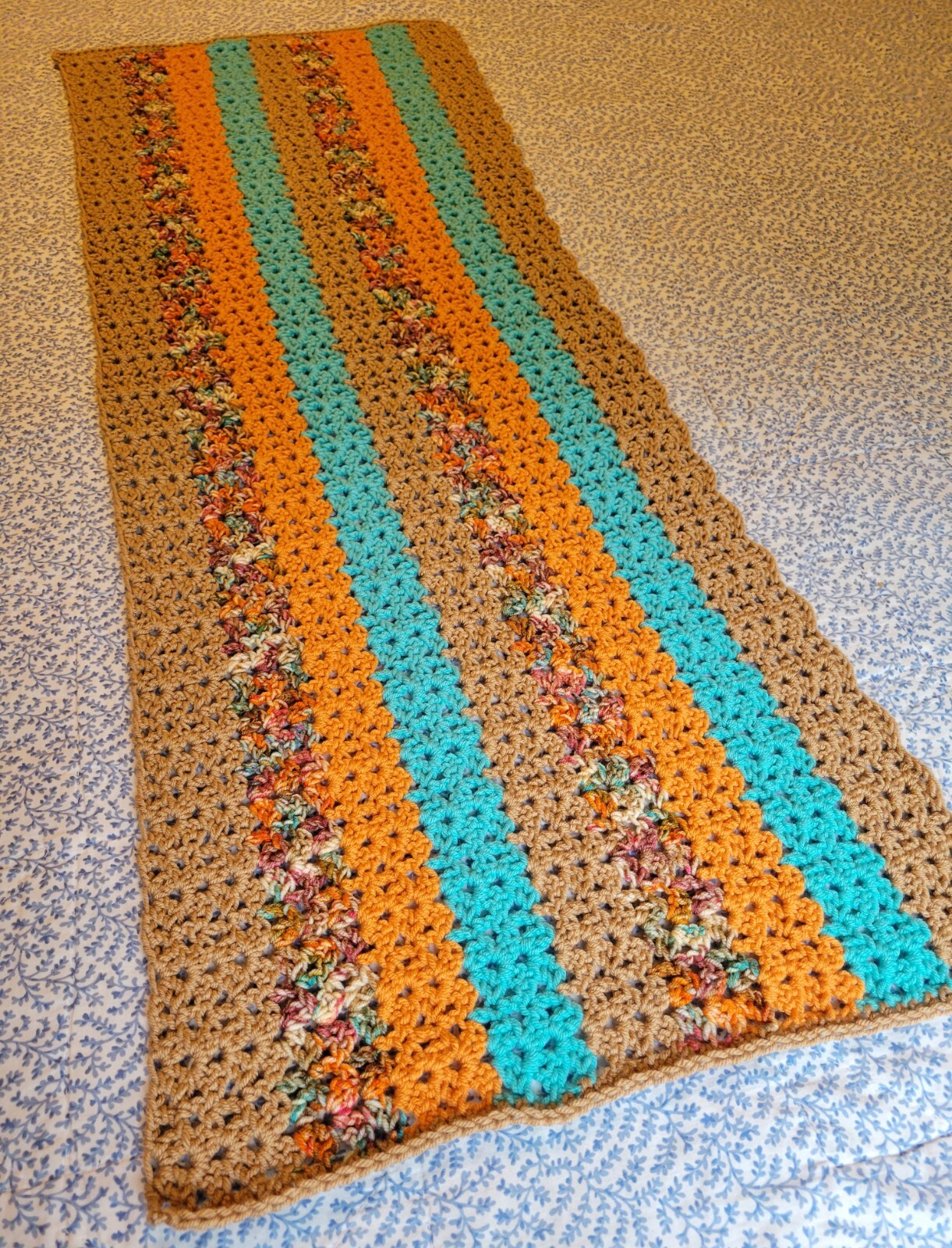 Hand Knit Wrap Shawl, 17"x48", Tan, Turquoise, Orange, Table Runner, Brand New