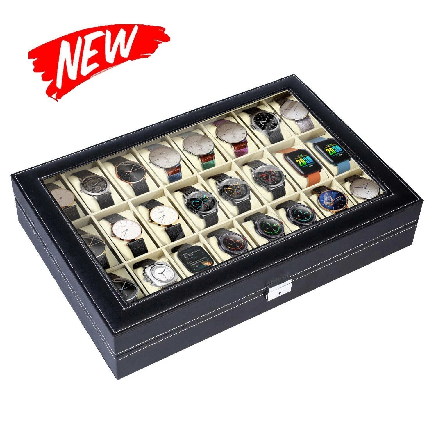 24 Slots Watch Box PU Leather Watch Case Organizer Watch Display Case Lockable A