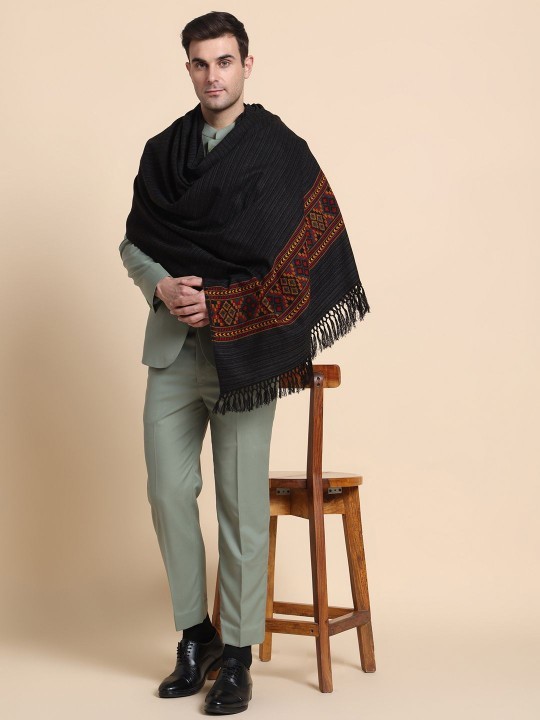 Men's Traditional Kullu Woolen Winter Shawl Stole with Tasseled border