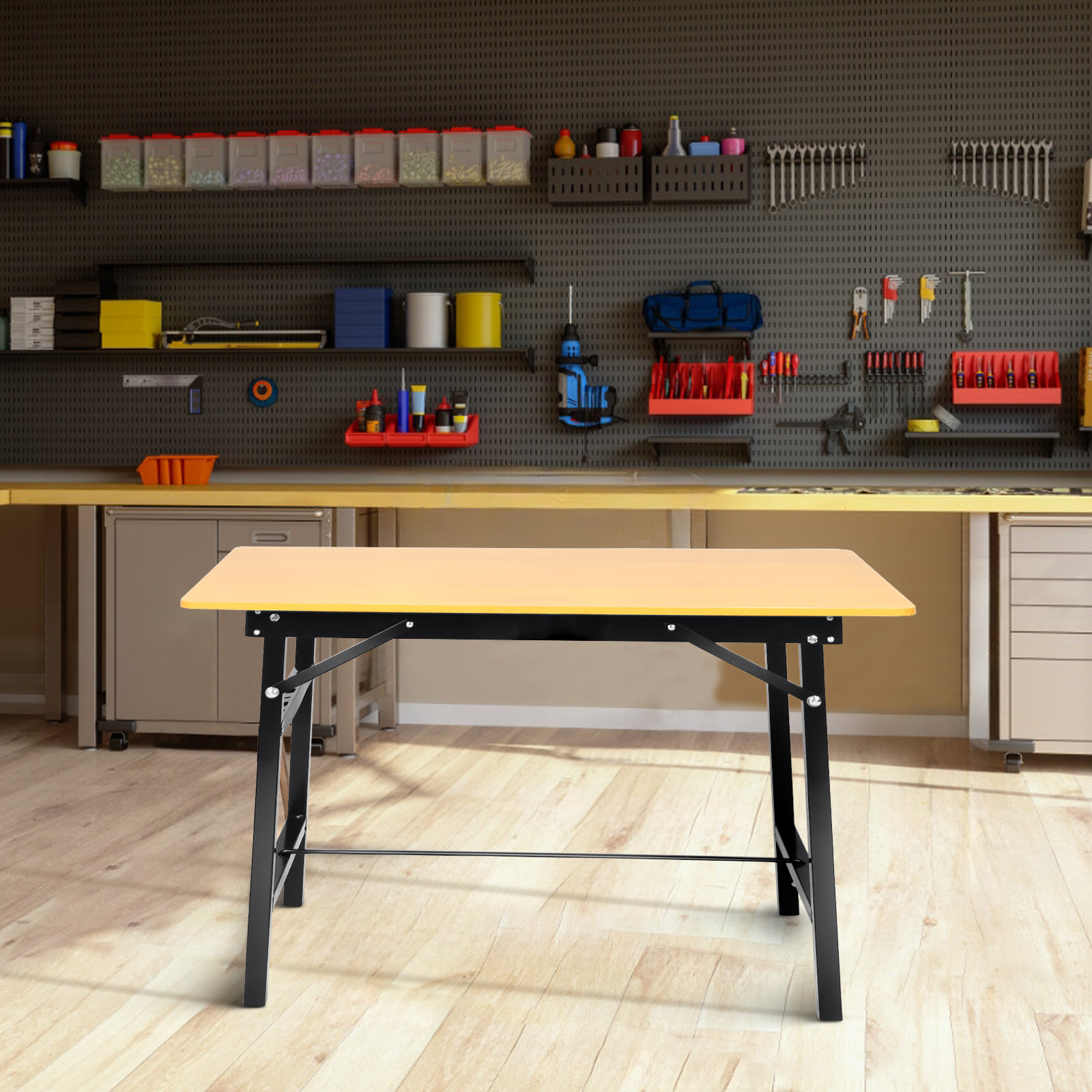 Foldable Work Bench Adjustable Metal Table Wood Top Desktop 220LBS Yellow, Black