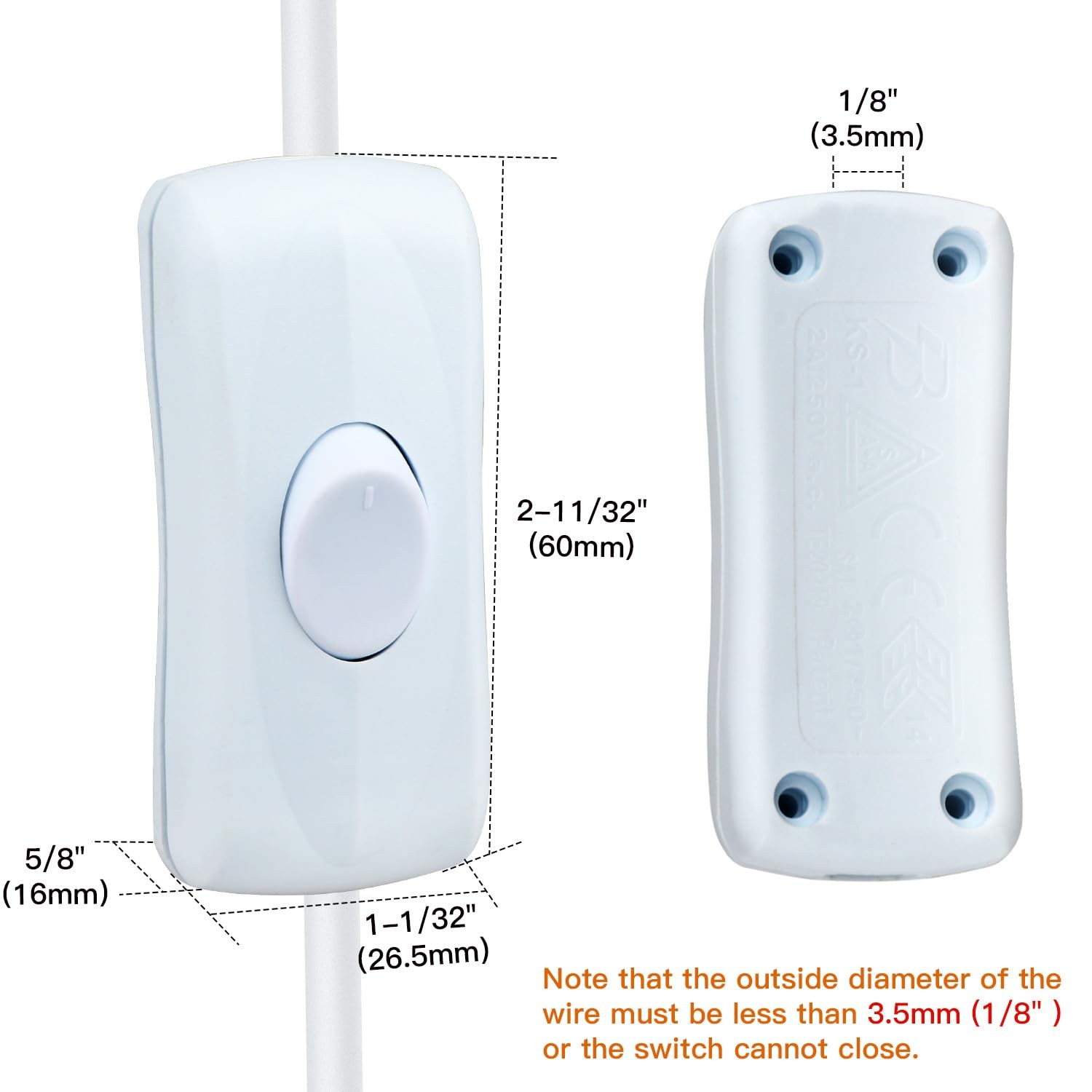 Helunsi 2 Pcs Inline Switch, Cord Appliance White 2 Regular,
