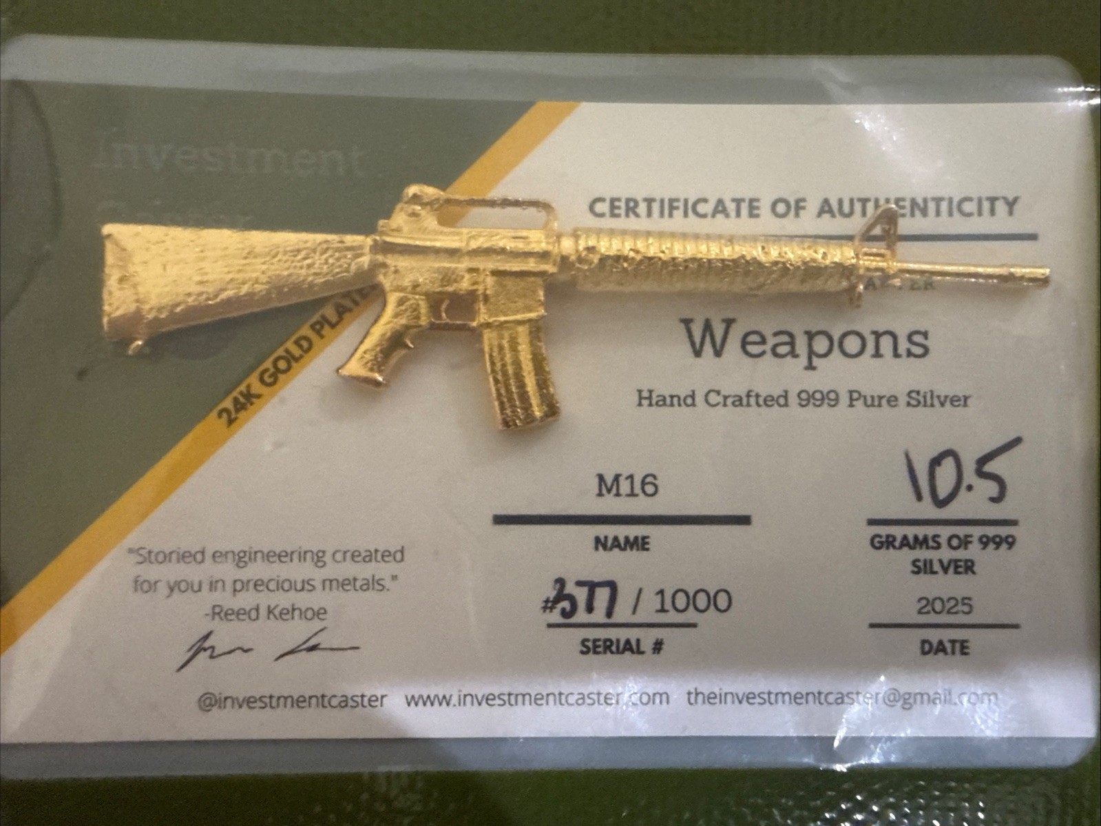 Beautiful Investment Caster M16 10.5 G .999 Silver 24k Gold Plated Weapon COA