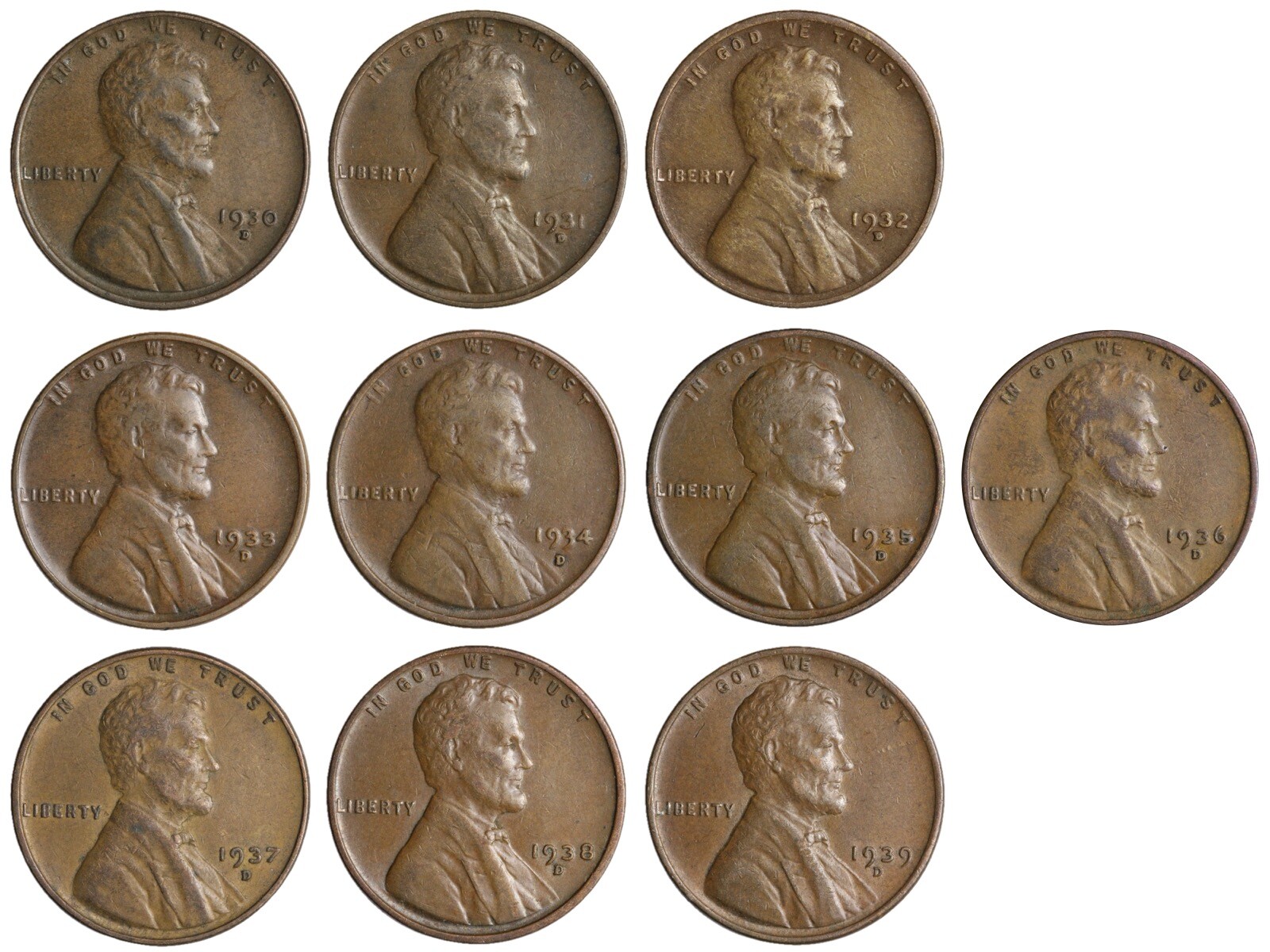 SET RUN 1930-1939 "D" LINCOLN WHEAT CENTS DENVER ONLY! 10 COIN LOT F/VF**