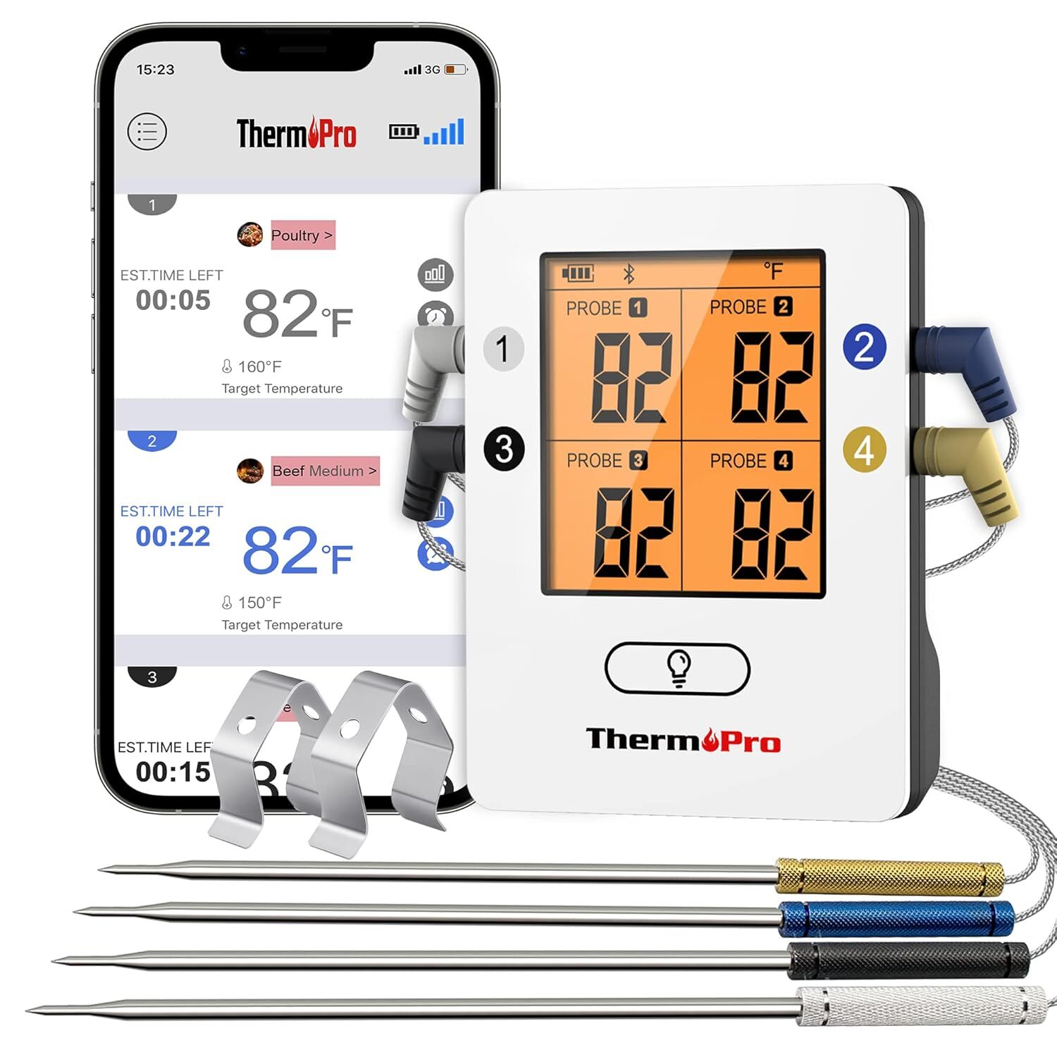 Wireless Meat Thermometer with 4 Probes, Bluetooth Meat Thermometer for Cooking