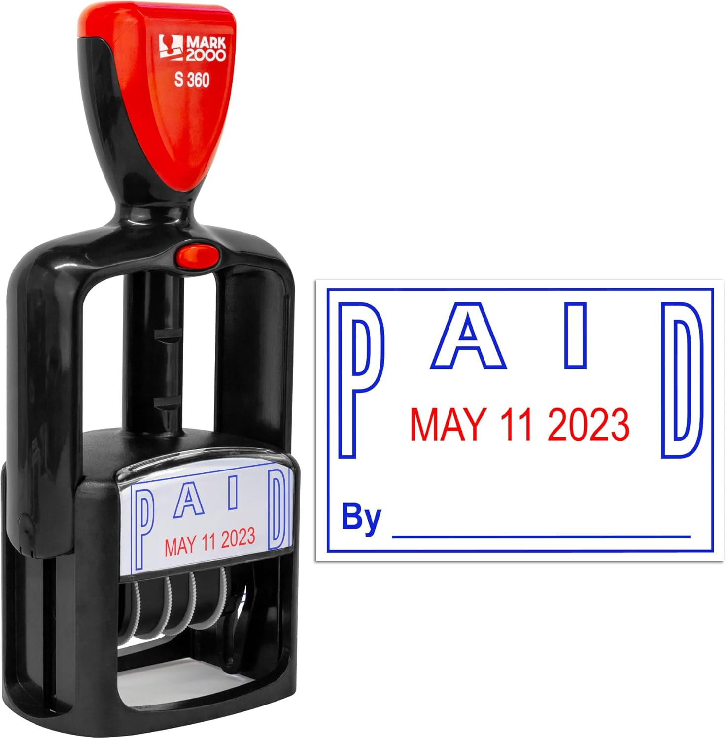 Self-Inking Rubber Date Office Stamp with Paid Phrase - Blue Ink & Date Red Ink