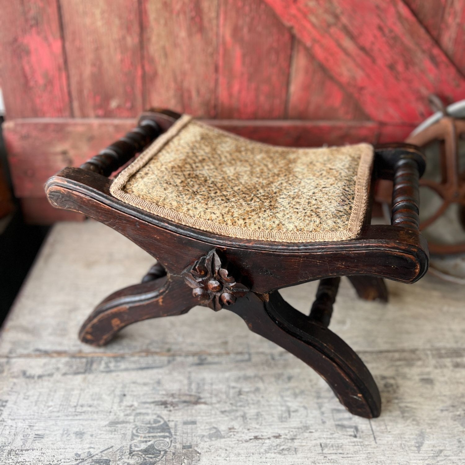 Antique Wooden Footstool With Woven Upholstery And Floral Detailing 10.5" X 17"