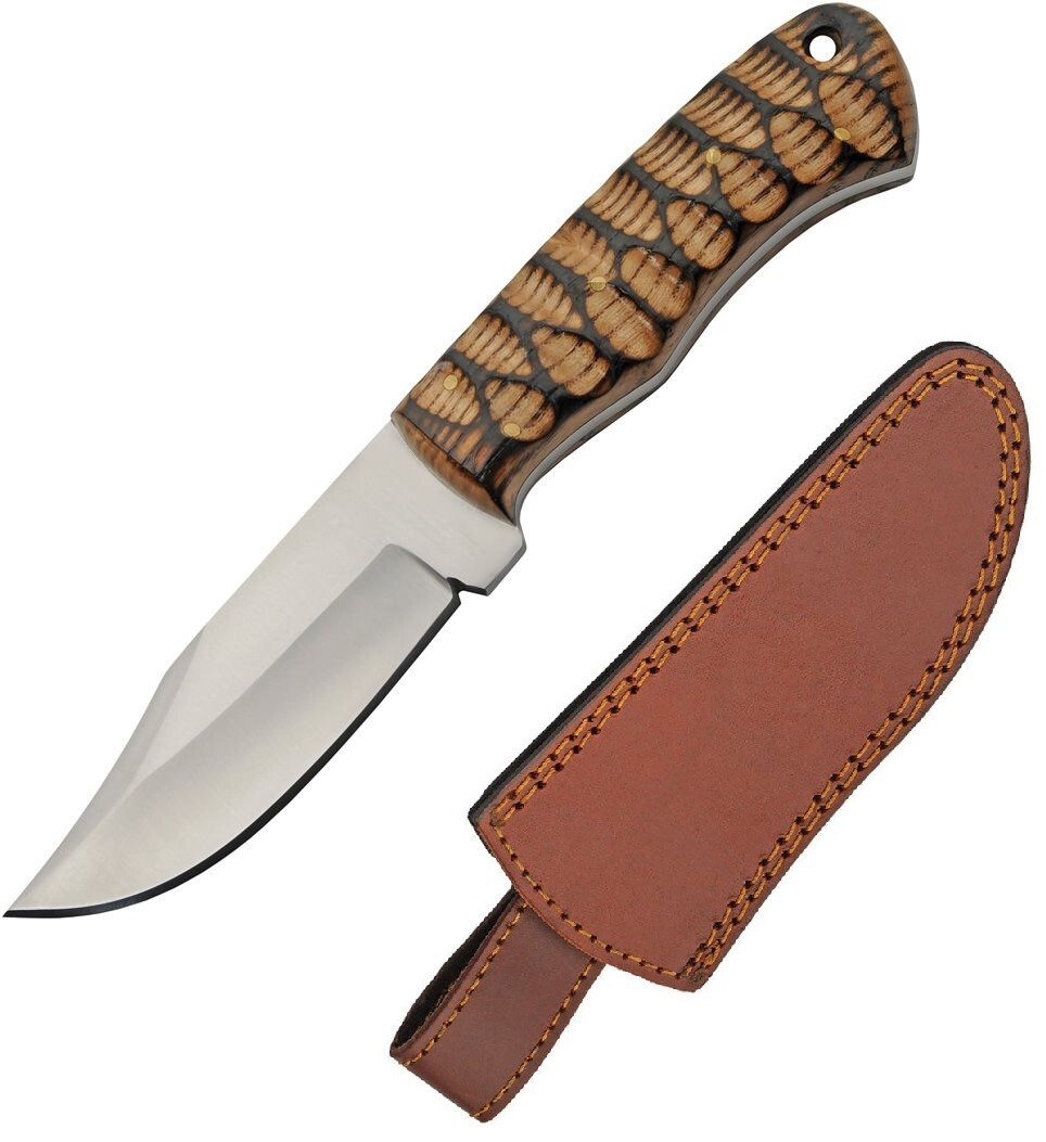 Fixed Knife 4" Satin Finish Stainless Steel Blade Brown Sculpted Wood Handle
