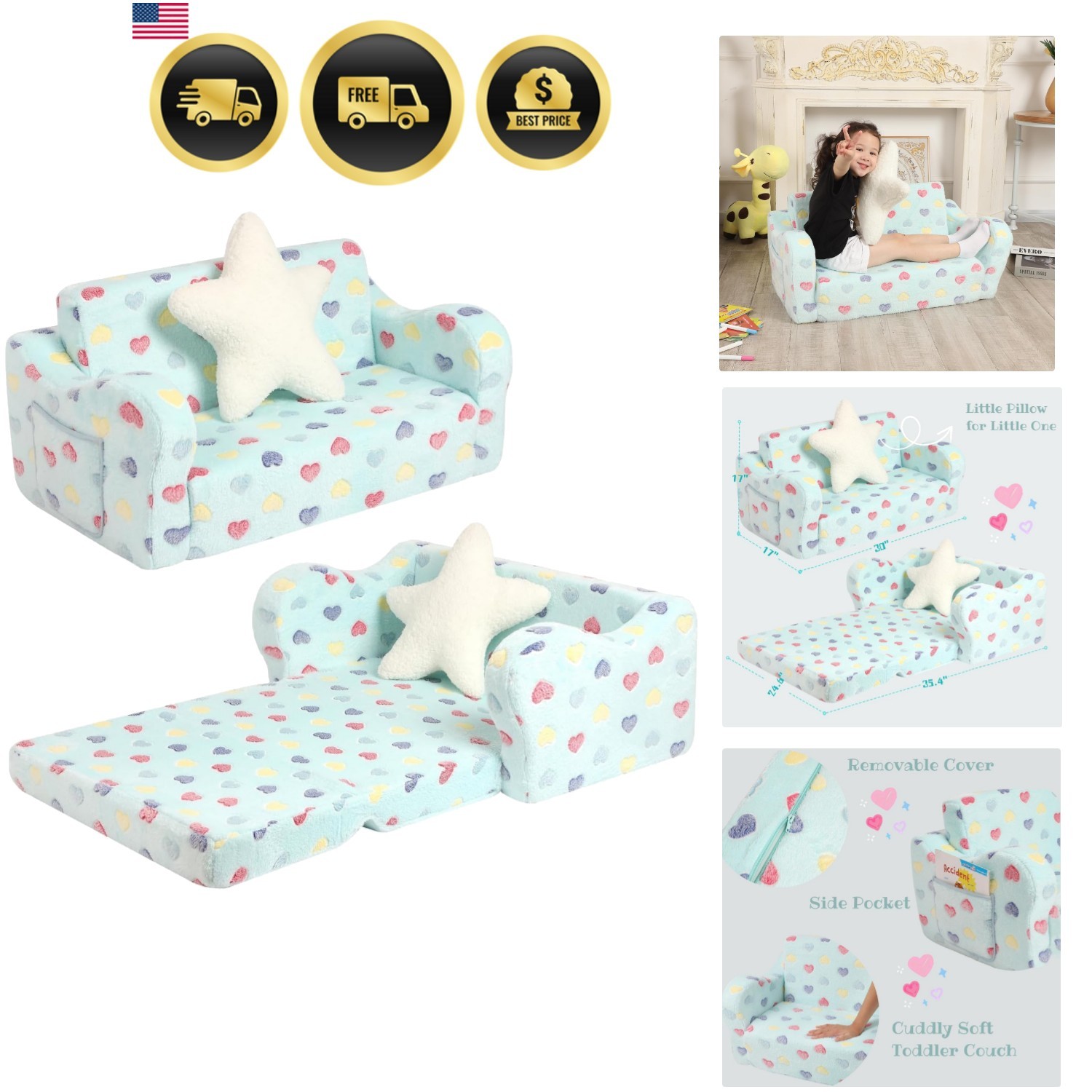 Toddler Couch, 2-in-1 Kids Soft Couch Fold Out with Star Pillow, Foldable Sof...