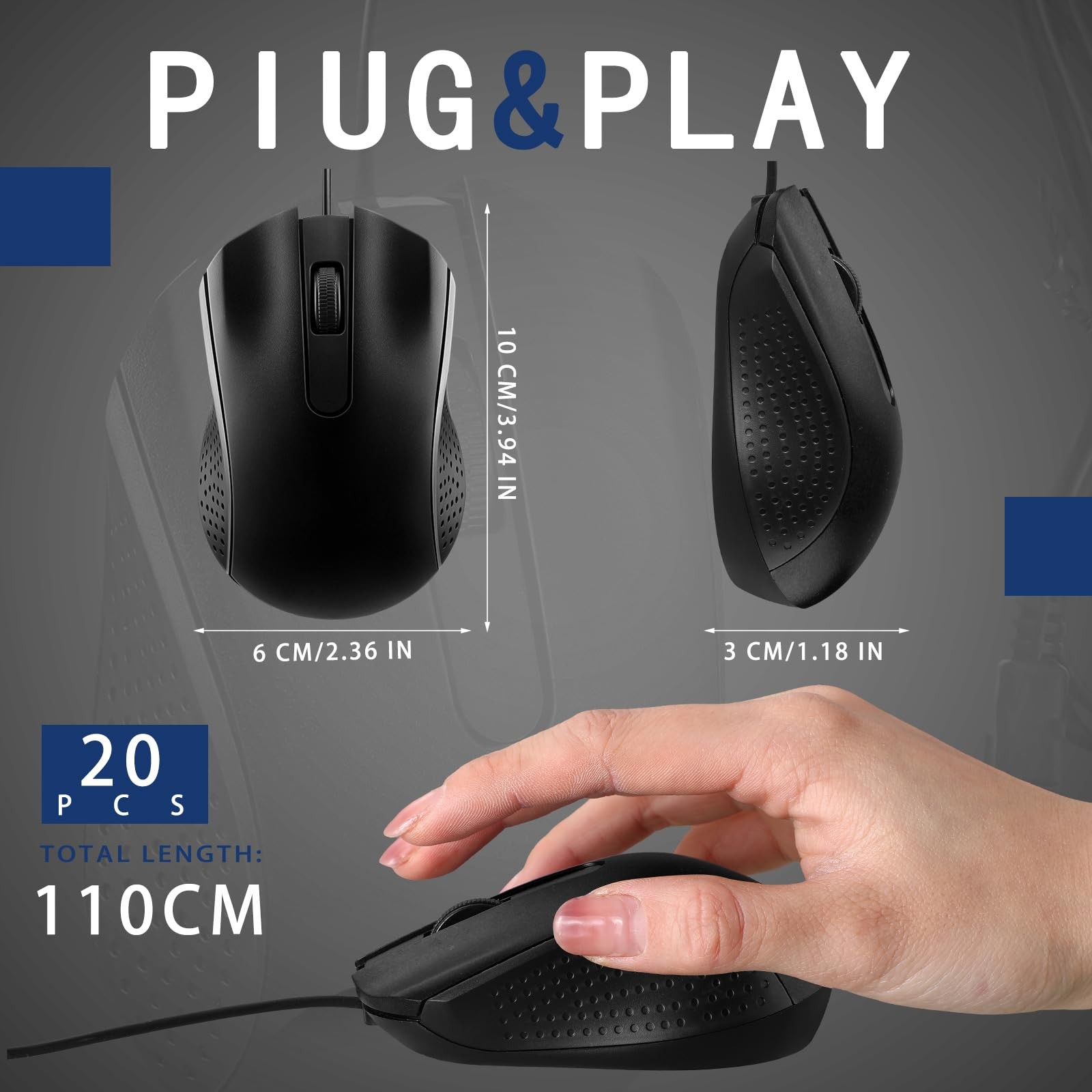 20 PCS Black Wired USB Computer Mouse Bulk 3Button Corded Mice PC Laptop