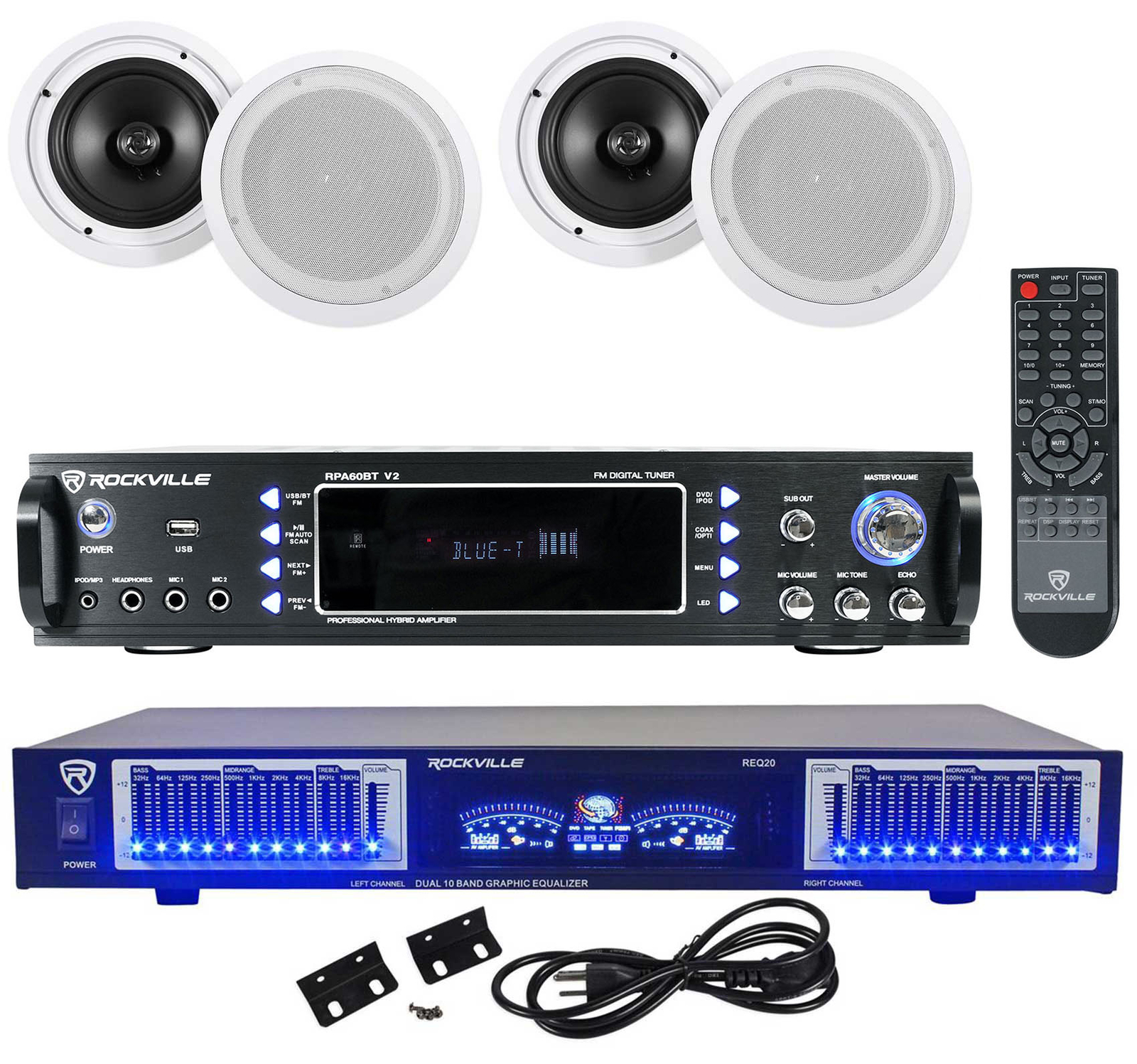 Rockville RPA60BT Home Theater Bluetooth Receiver+10 Band Eq+4) Ceiling Speakers
