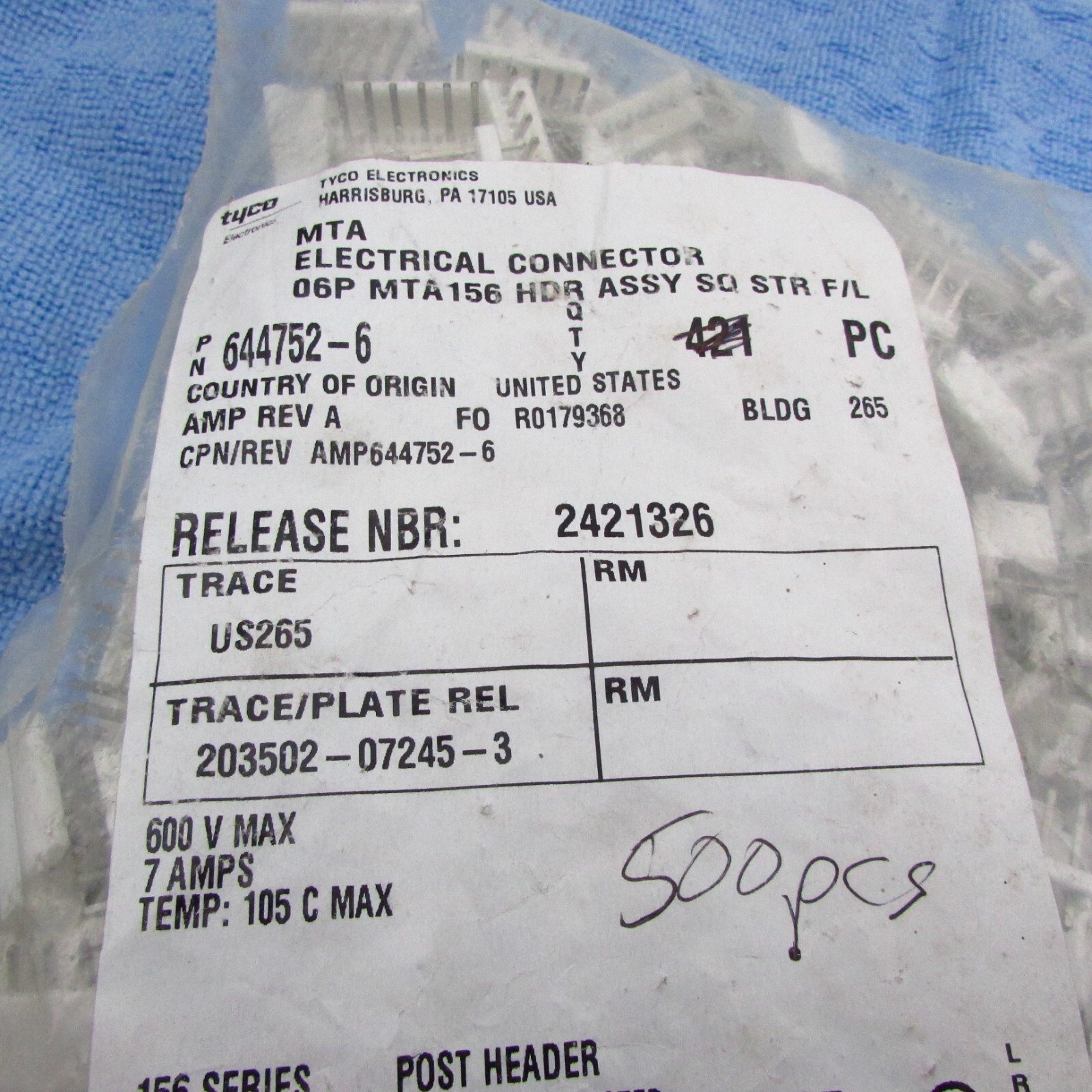 QTY 12 MTA Electrical Connector Header Through Hole 6 Position Part # 644752-6