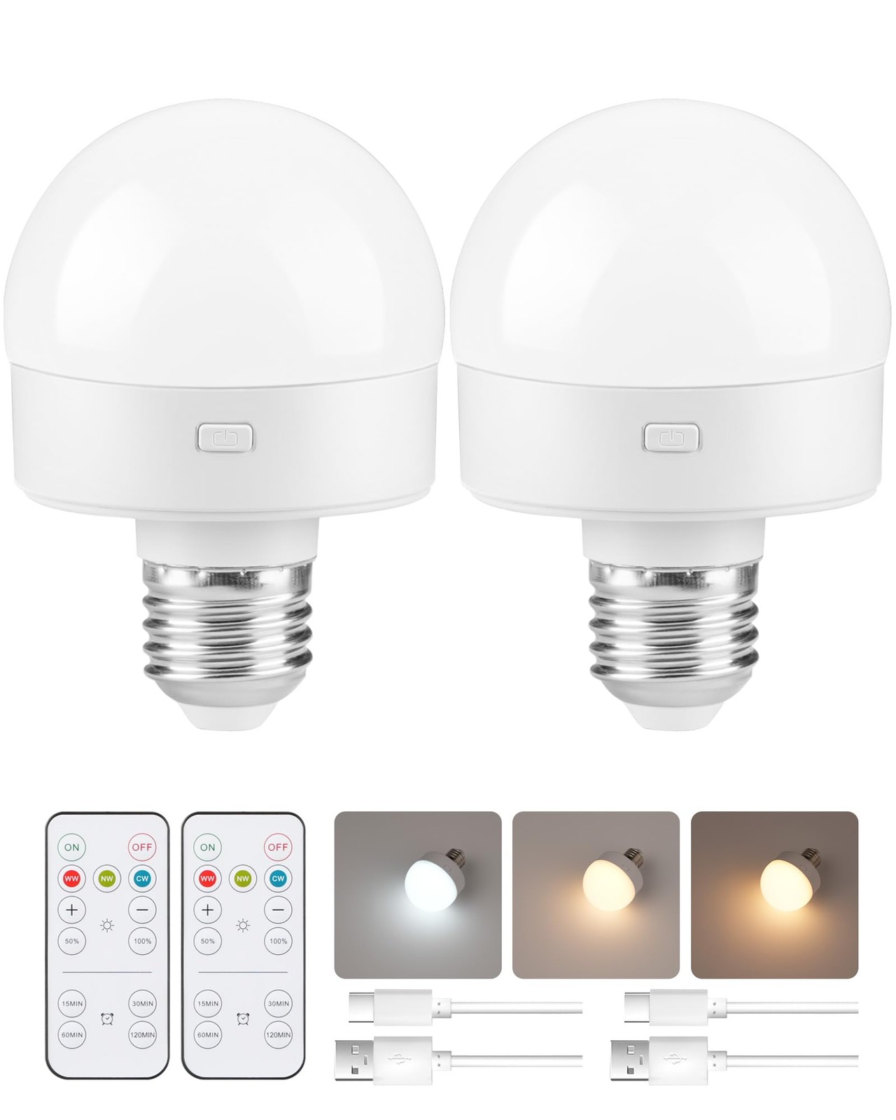 LED Light Bulb Rechargeable Remote Control Timer 3 Color E26 2 Pack Wireless