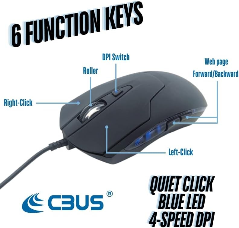 CBUS Wired USB-C Mouse 6 Button Silent Click Ergonomic LED Backlit 4 DPI Speeds
