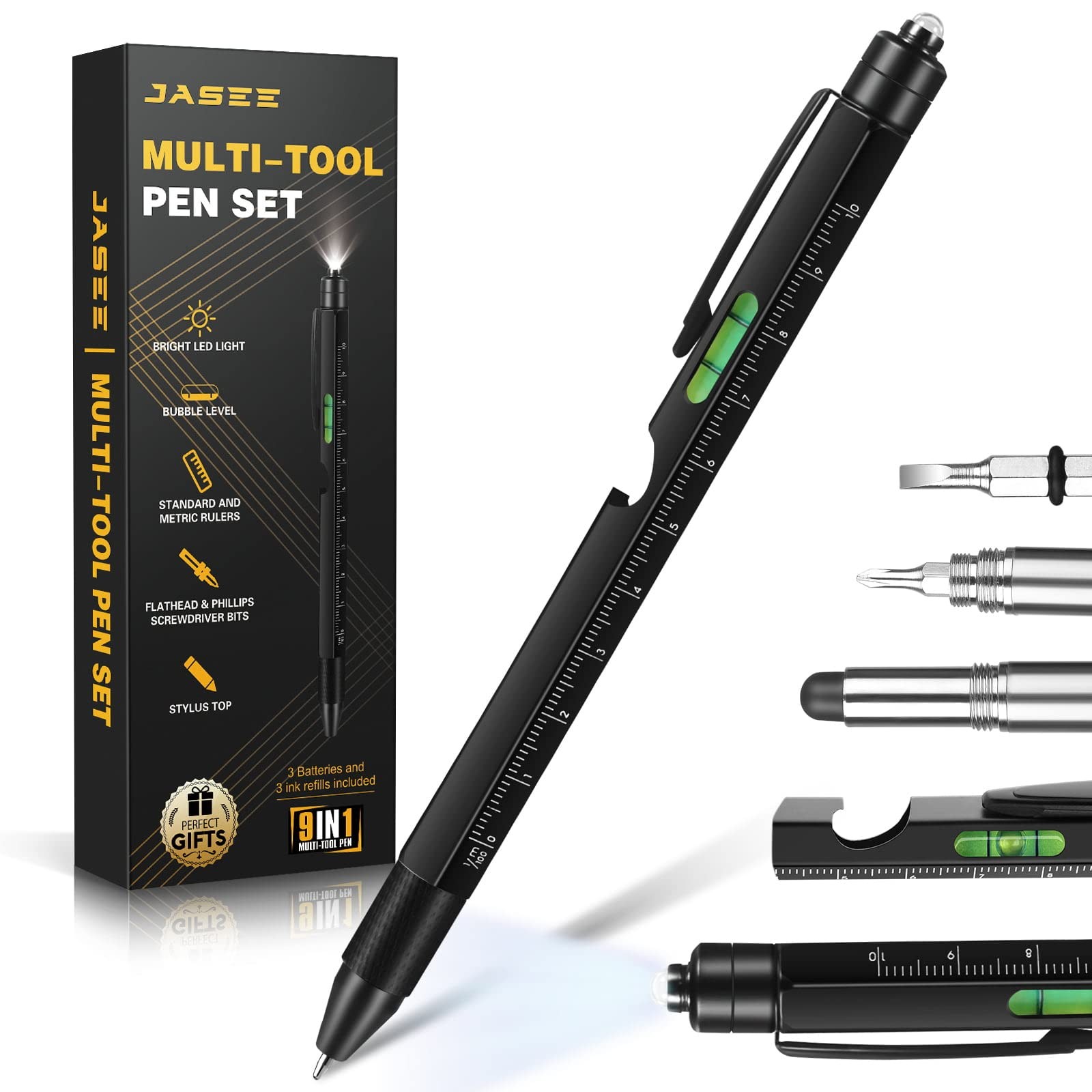 Gifts for Men, 9 in 1 Multitool Pen Set, Cool 1 Count (Pack of 1), Black