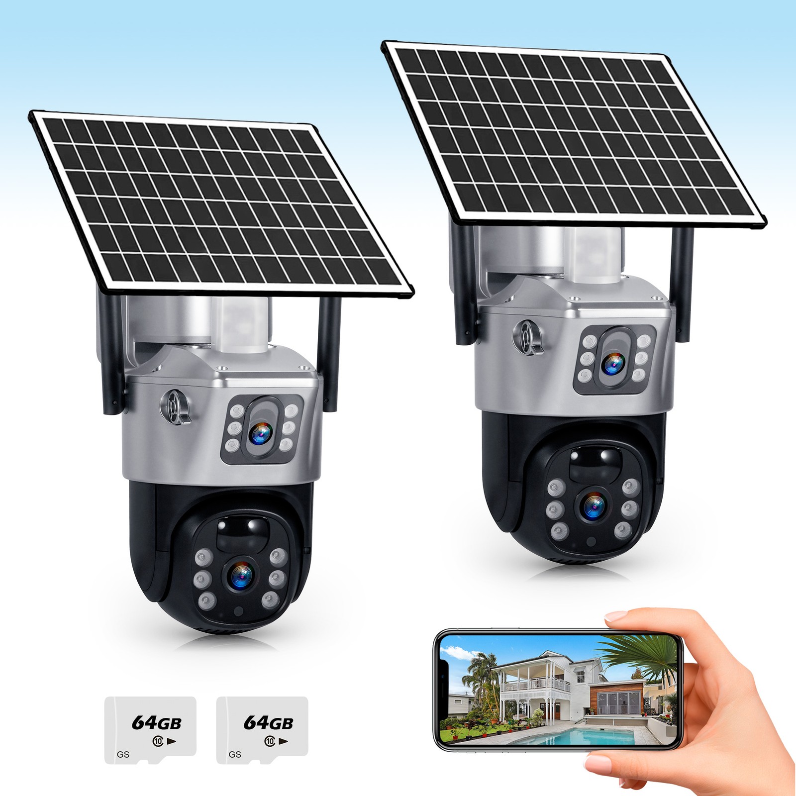 4MP Dual Lens Wireless Solar Security Camera 2 Pack Outdoor Surveillance 64GB SD