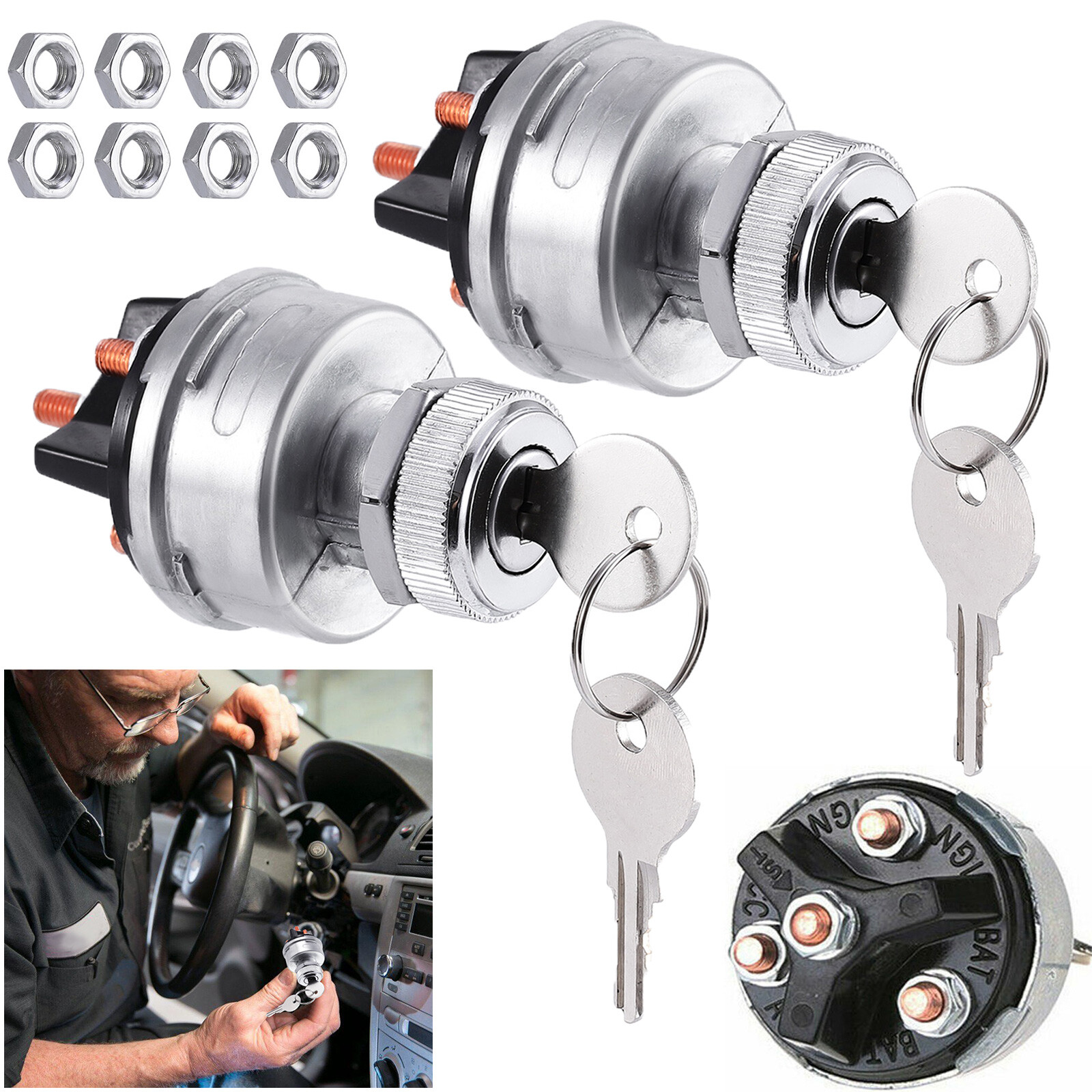 2 PACK Ignition Switch with Key, 4 Position Universal Key Ignition Switch 12v