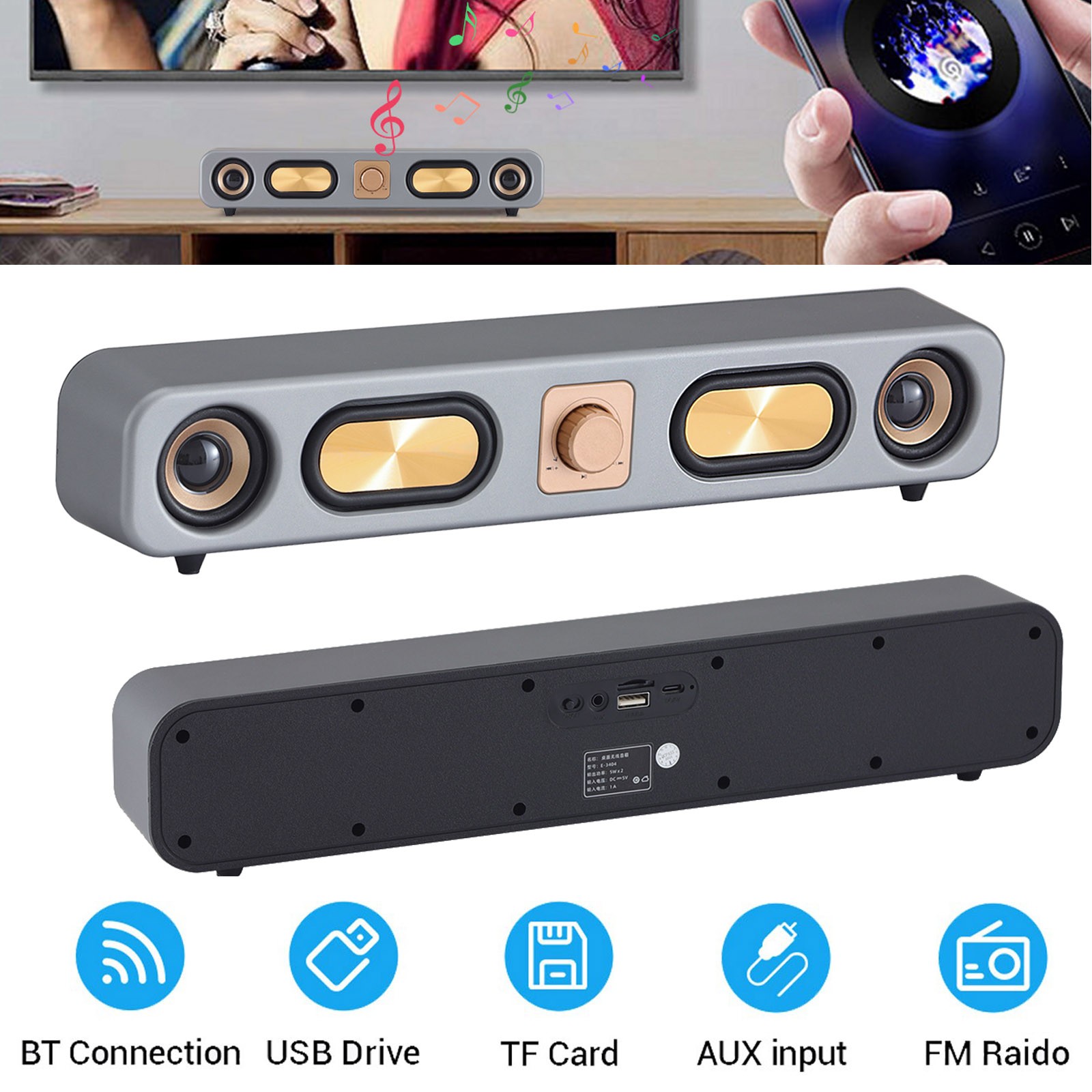 Wood Grain 2" Retro Bluetooth Strip Audio speaker TF/AUX Heavy Bass 4D Surround