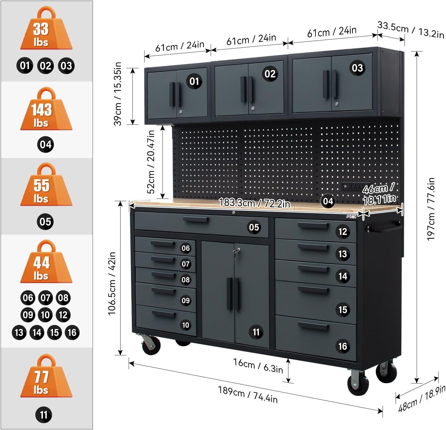 72” Mobile Garage Workbench Storage Rolling Tool Chest Power Strip Heavy-Duty