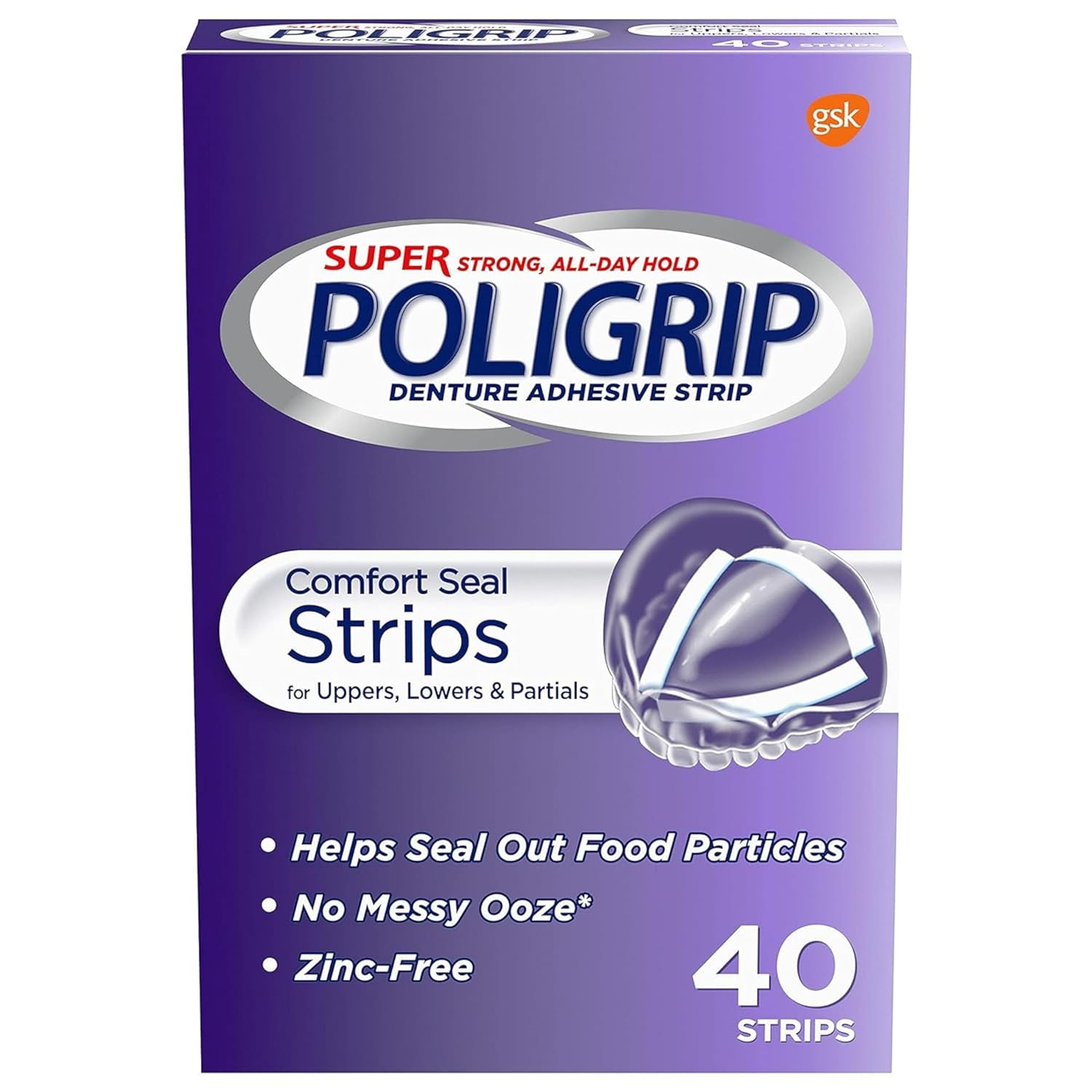 Super Poligrip Strips Size 40 Ct, Strong Comfort Seal, Denture Adhesive Strips