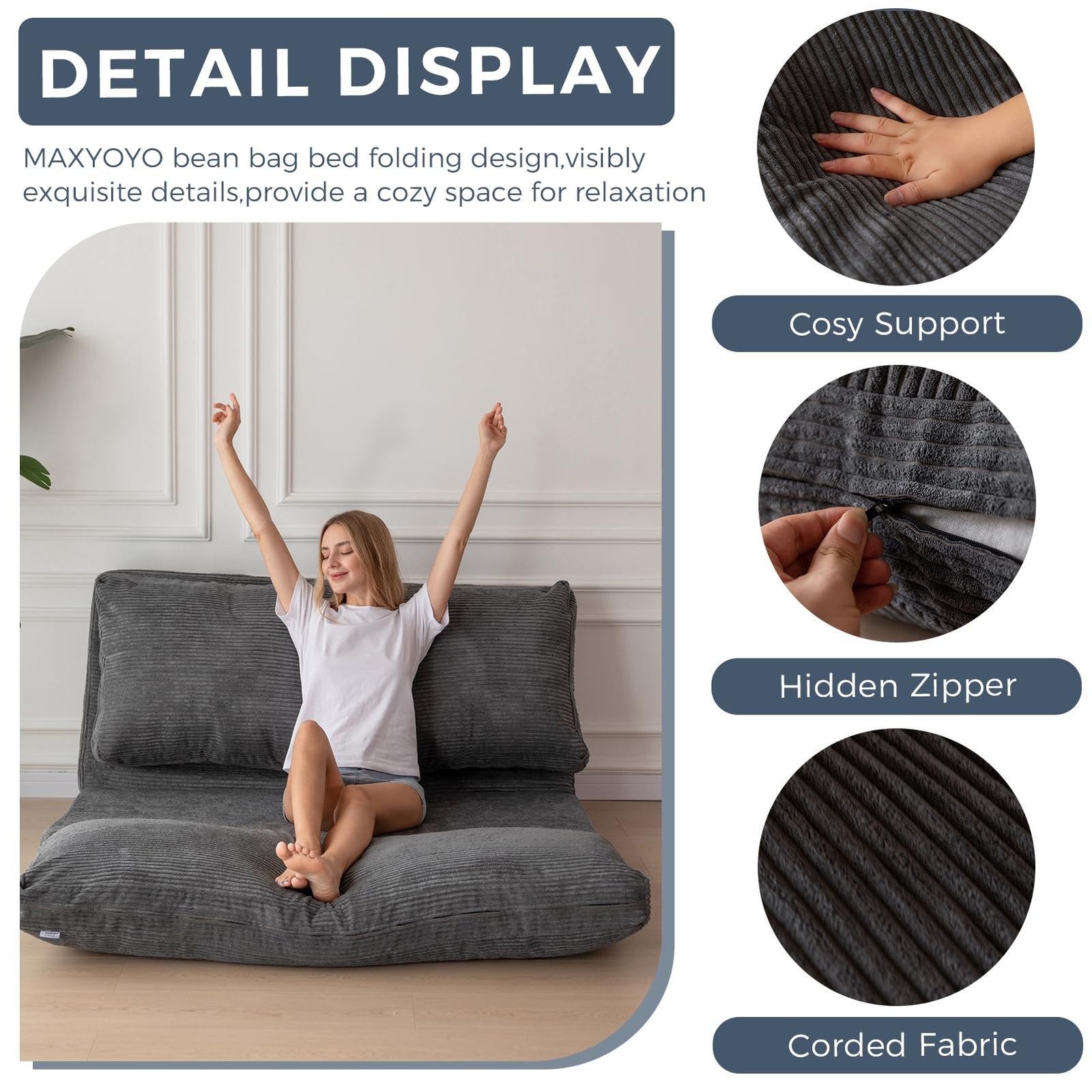 Folding Sofa Bed, Extra Thick and Long Floor Sofa Convertible Sleeper Chair w...