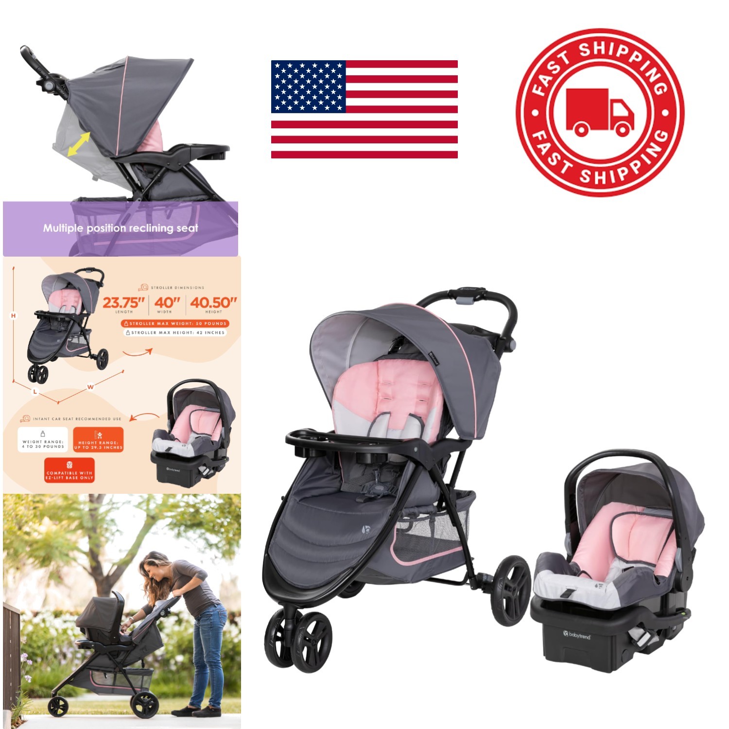 Adjustable Height Stroller with 5 Point Harness and Breathable Polyester Fabric