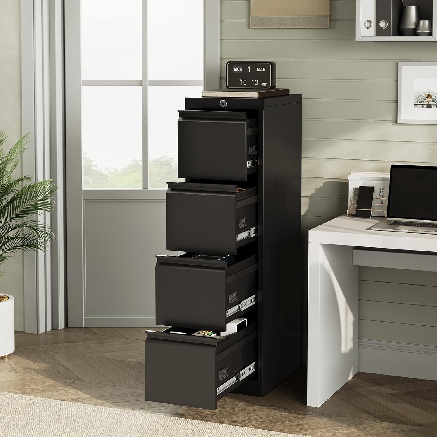 Metal File Cabinet 4 Drawer Lock, Heavy Duty Mobile Storage for Legal Letter A4