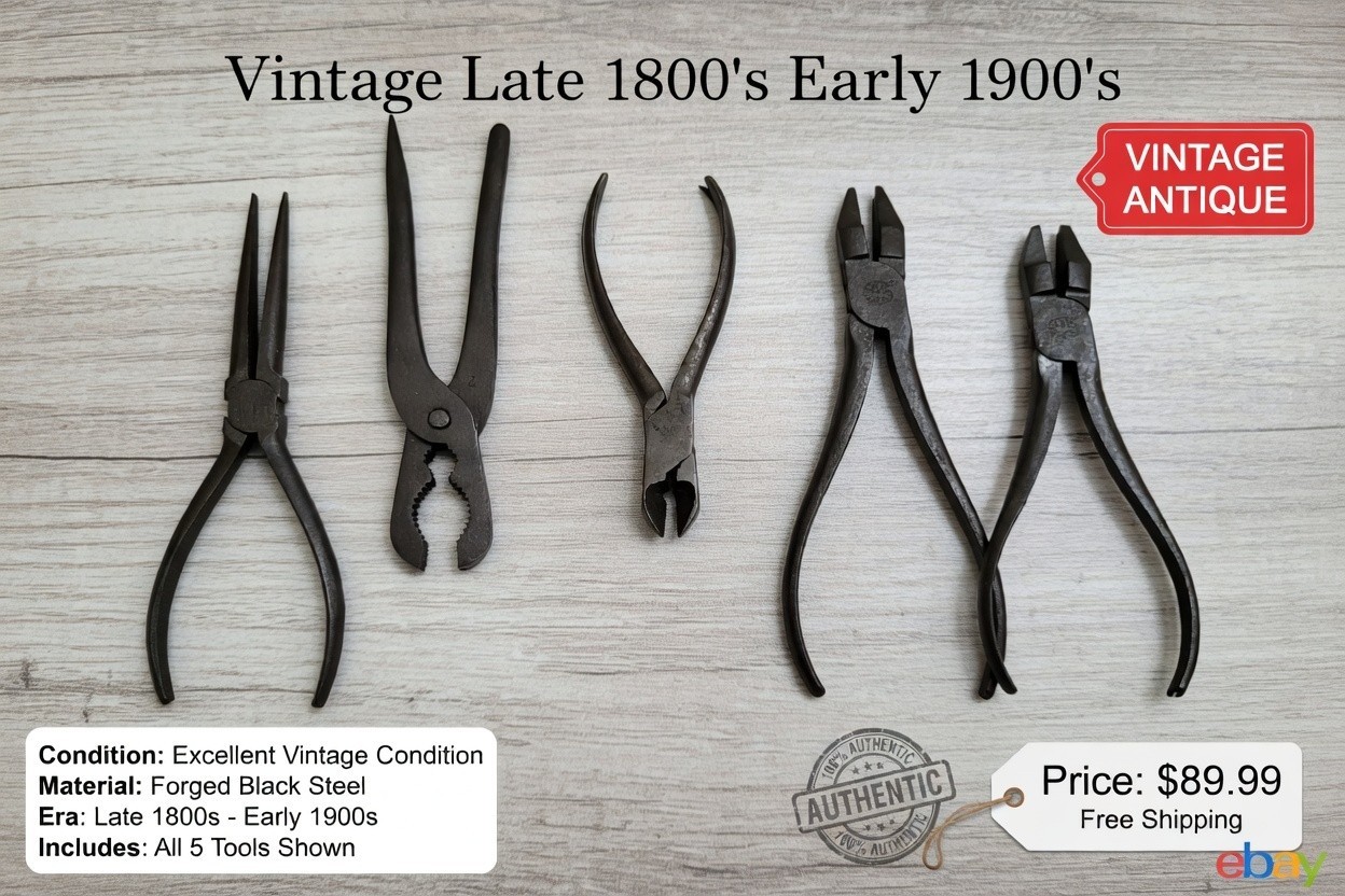 Vintage Antique Lot of 5 Pliers Late 1800s Early 1900s Forged Steel Blacksmith T