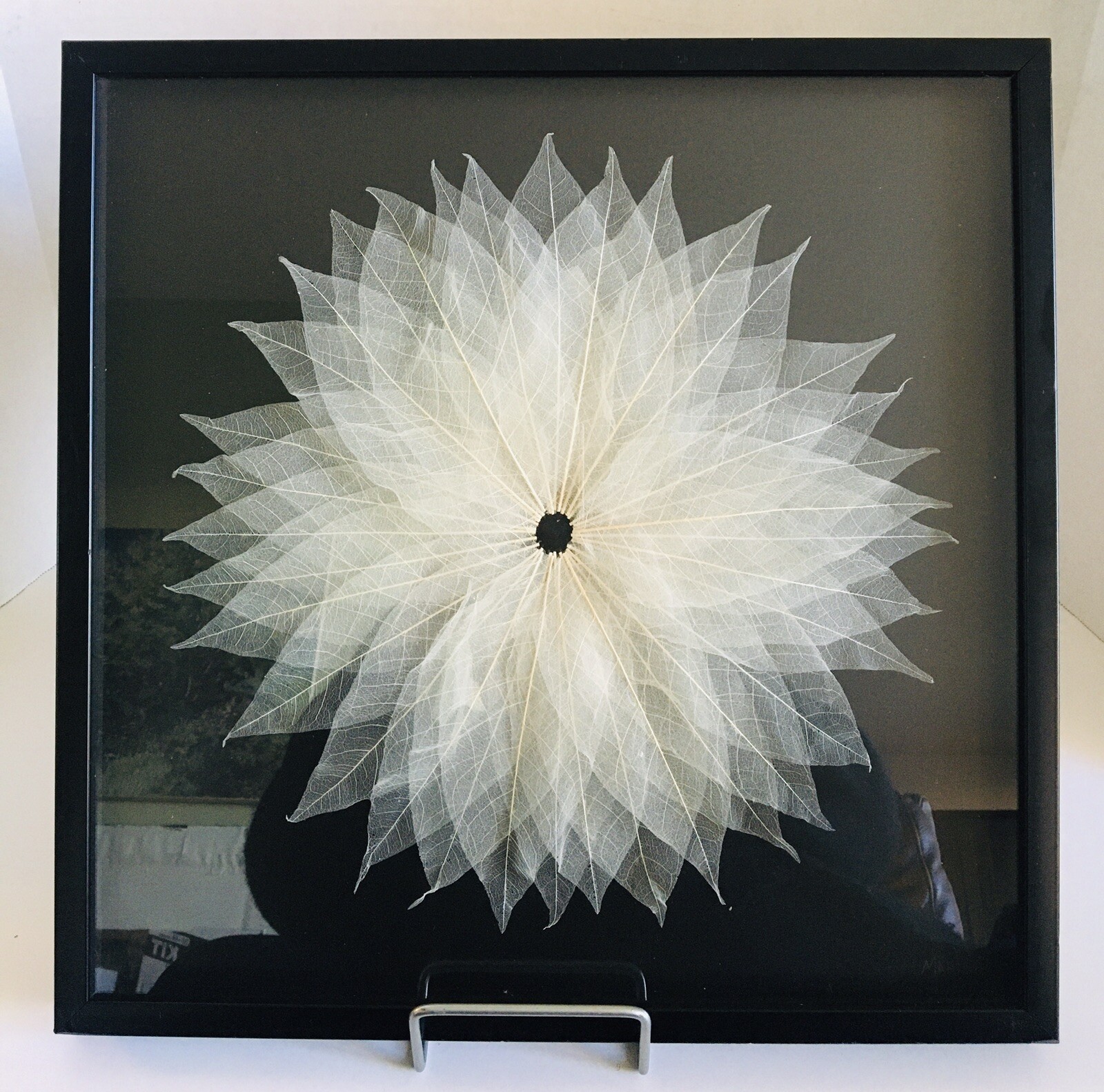 Huji White Leaves Mandala Design in Black Shadow Box 17" x 17" Signed Marmont