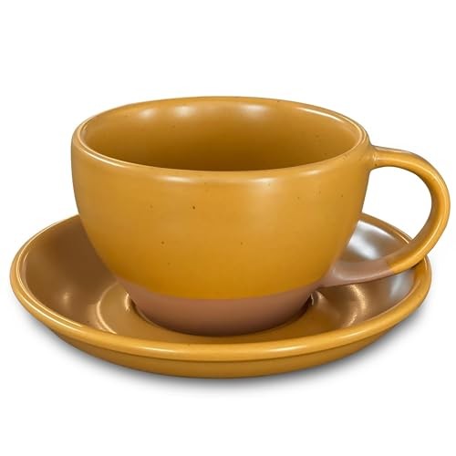 Ceramic Latte Art Mug With Saucer - 10.5 oz, Round Bottom For Pumpkin Orange