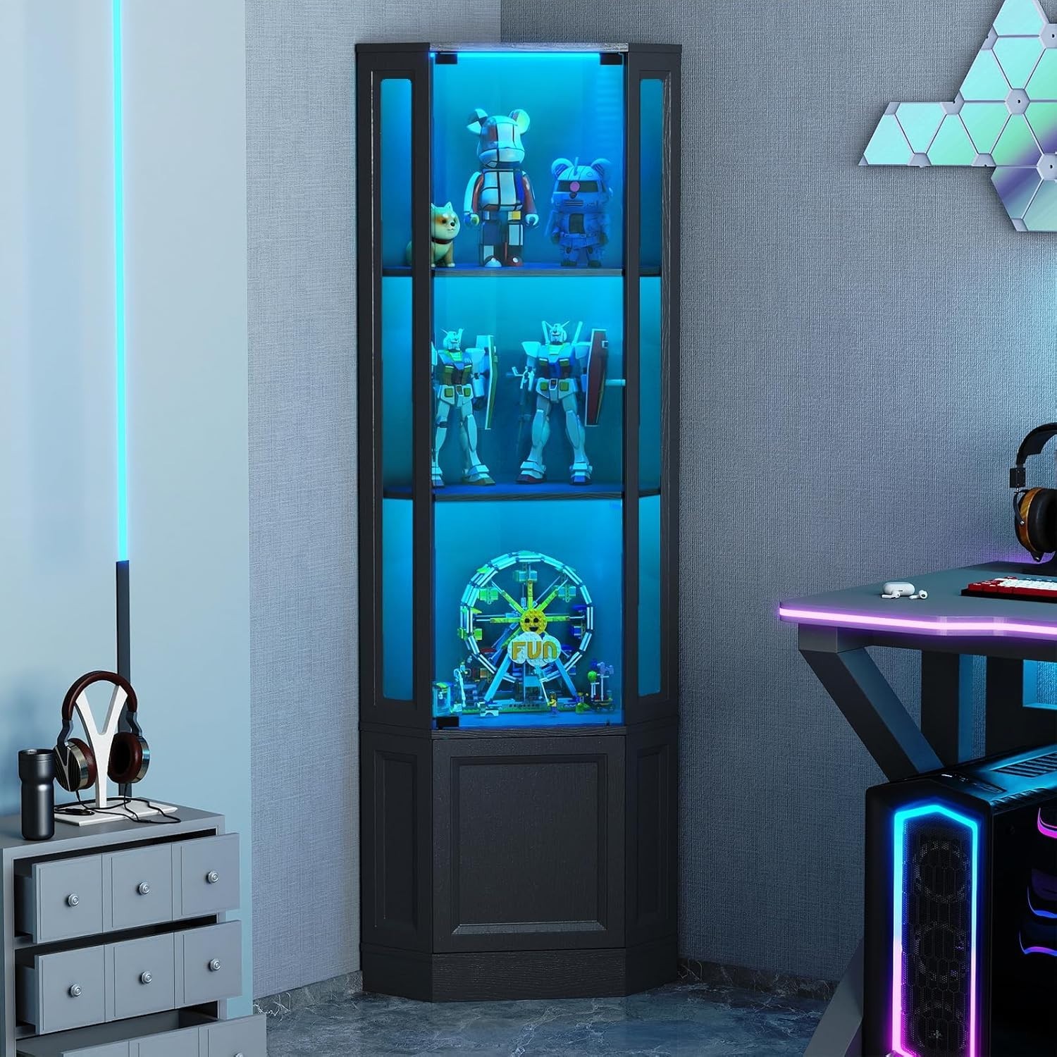 Minifigures Corner Display Case 3 Tier RGB LED Light Figure Glass Curio Cabinet