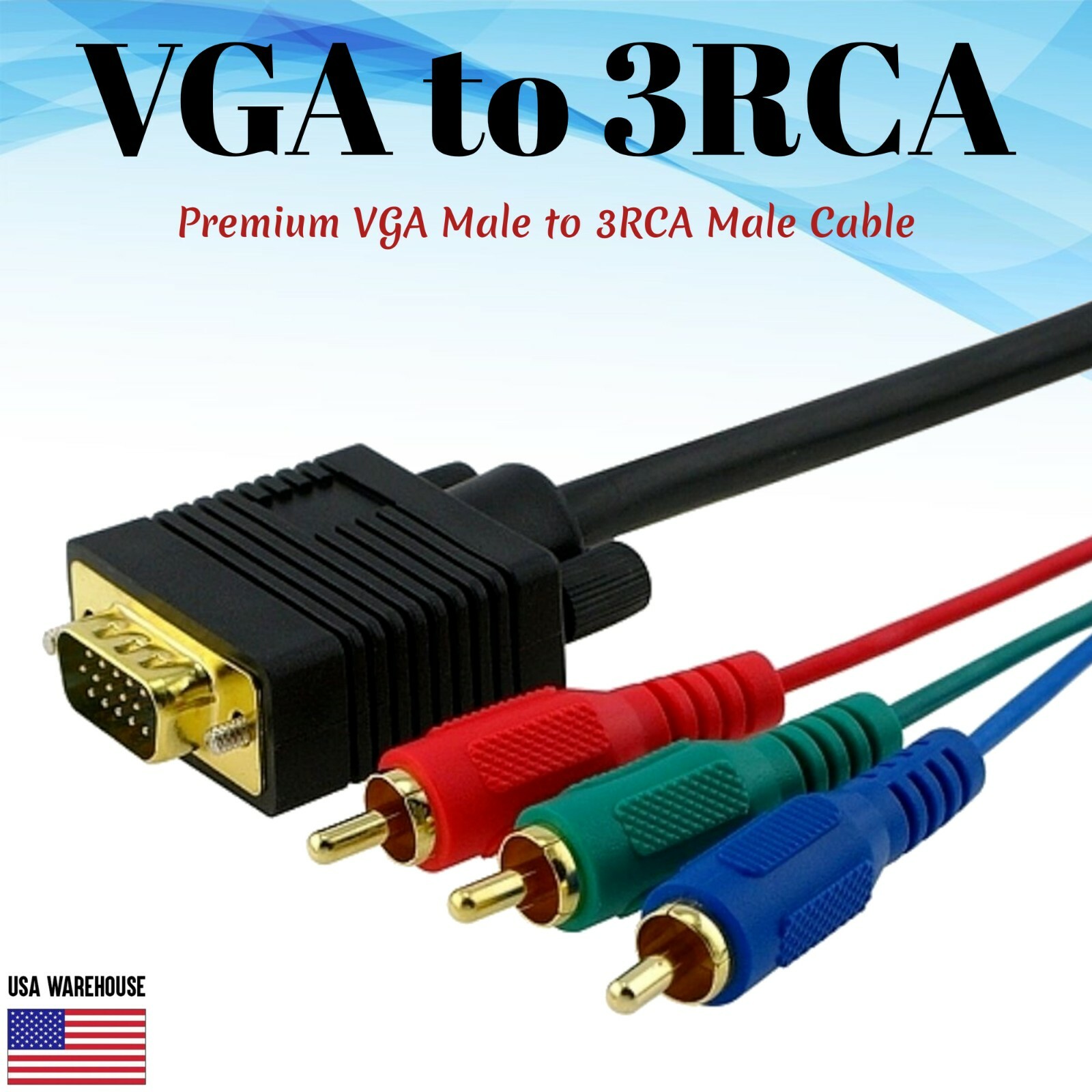 VGA Male to 3RCA Component Cable 6ft 12ft HDTV Monitor TV PC Laptop RGB VGA-3RCA