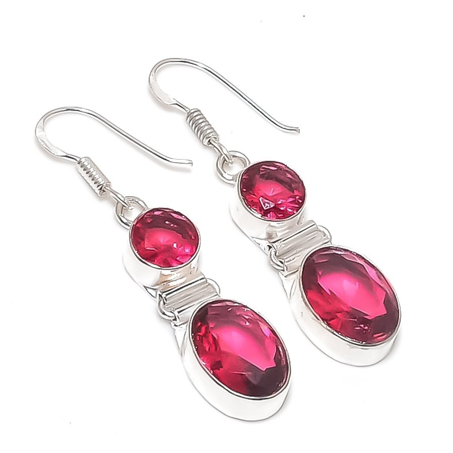 Pink Rubellite Gemstone Handmade 925 Sterling Silver Jewelry Earring Size 2"