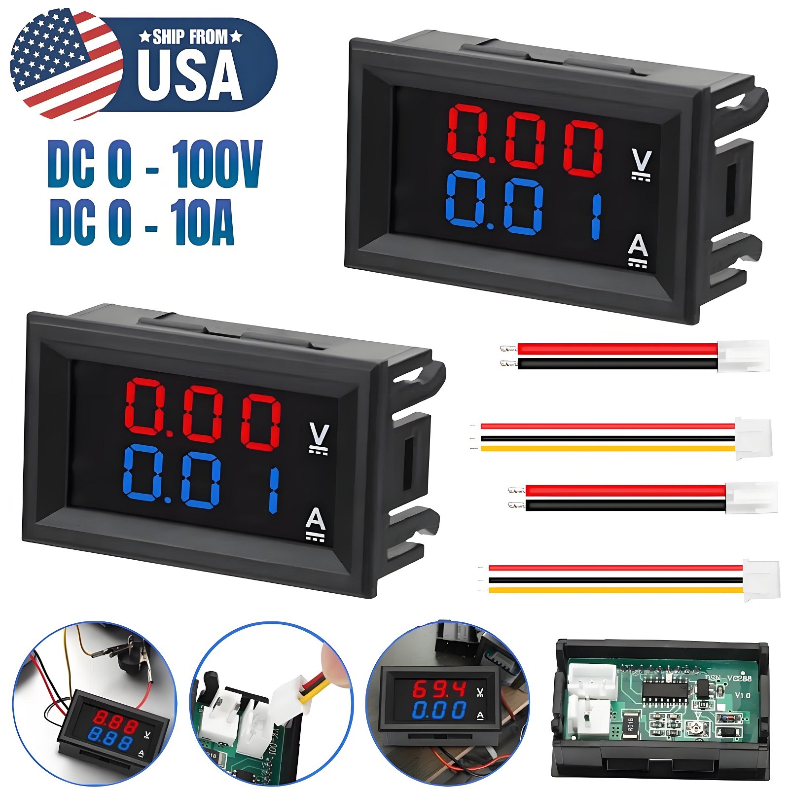 2× DC 100V 10A Voltmeter Ammeter LED Dual Volt Amp Meter Voltage Current Gauge