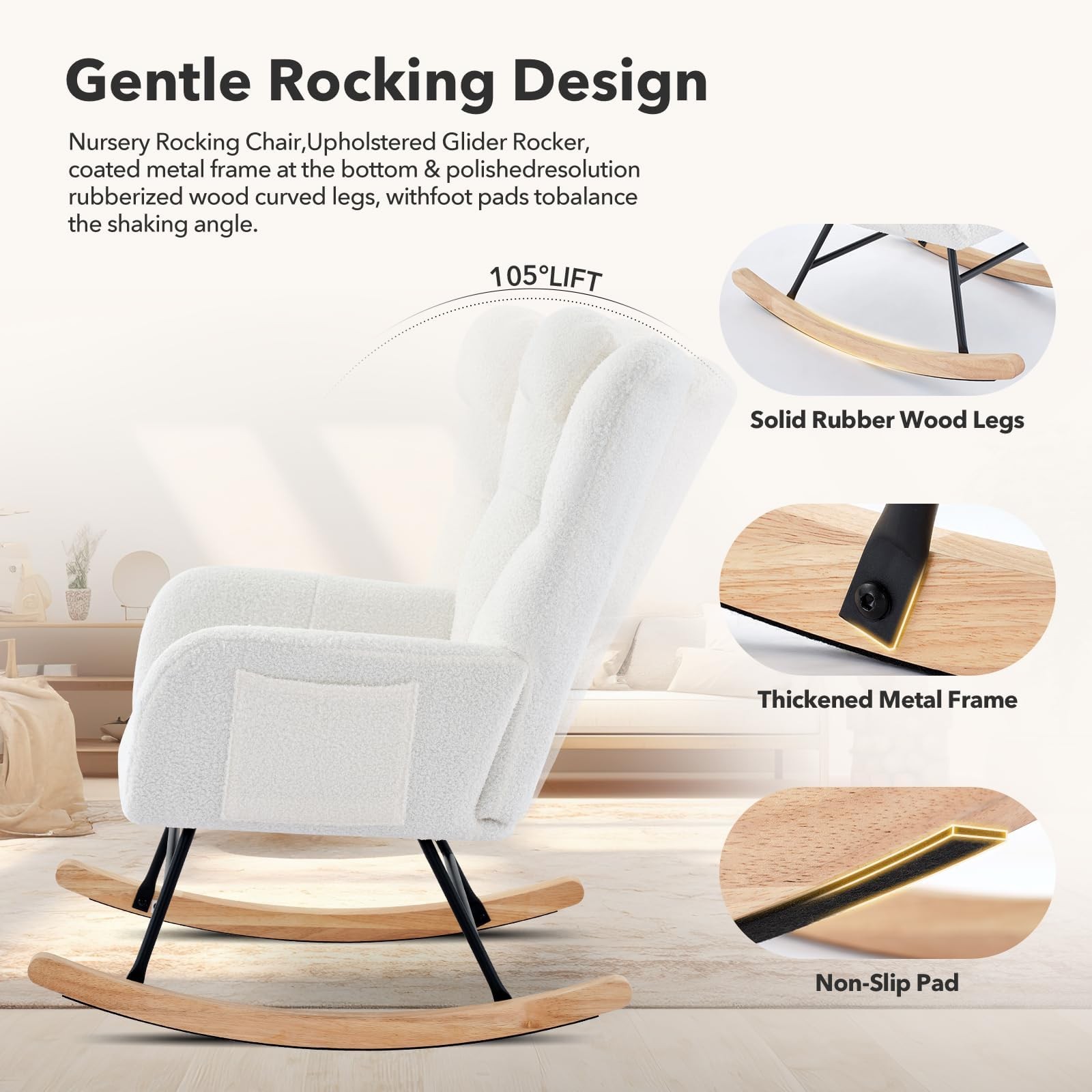 Modern Nursery Rocking Chair 250 lbs Capacity Glider Rocker Chair with Headrest