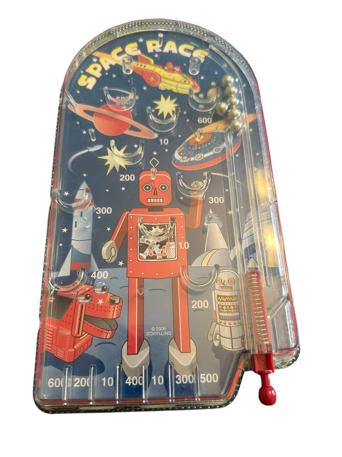 SCHYLLING Space Race Pinball Game Table Top Robot Metal Litho UFO Theme Toy 2006