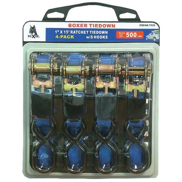 Boxer 4 Pc 1” x 15’ Ratcheting Tie Down w/ S Hooks 1500 lbs, 77059