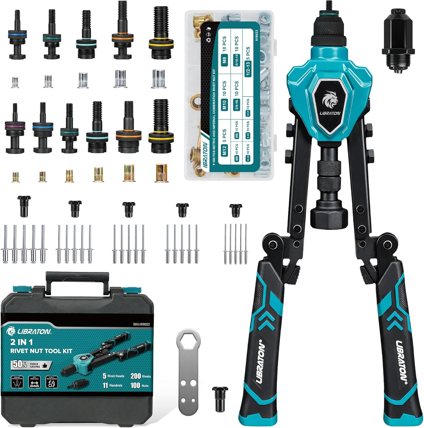 2In1 Rivet Nut Tool and Rivet Gun Kit Folding, with 11 Mandrels (Metric & SAE) &