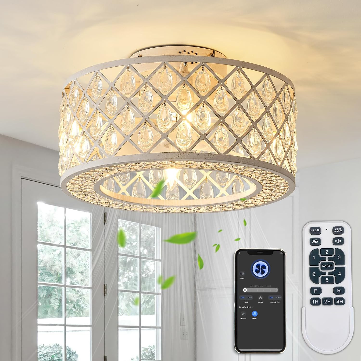 18 Inch Caged Ceiling Fan with Lights, Farmhouse White Crystal | Fandelier, Remo