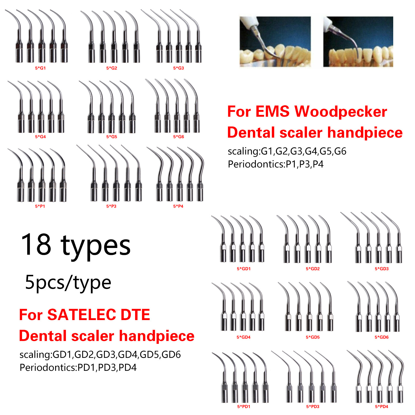 5x Dental Ultrasonic Scaler Scaling Perio Tip for EMS / SATELEC DTE 18 Type NEW