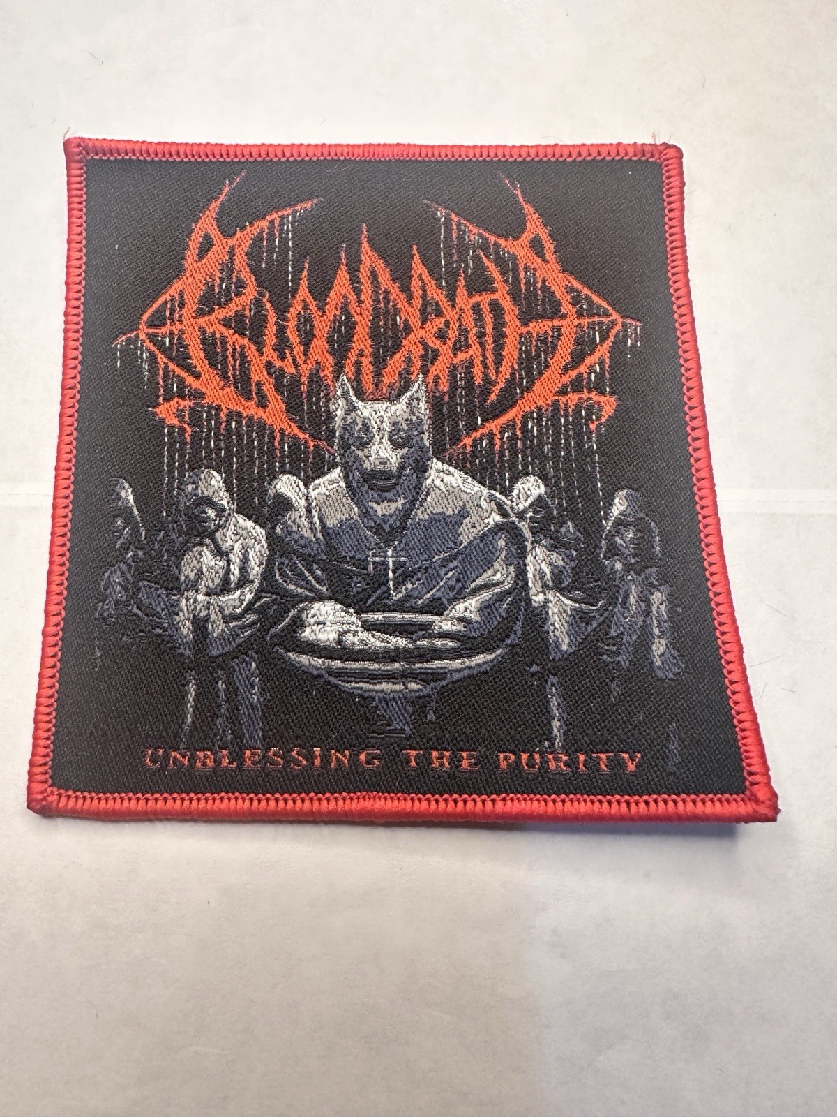BLOODBATH, UNBLESSING THE PURITY, RED BORDER, 4X4 INCHES, WOVEN PATCH