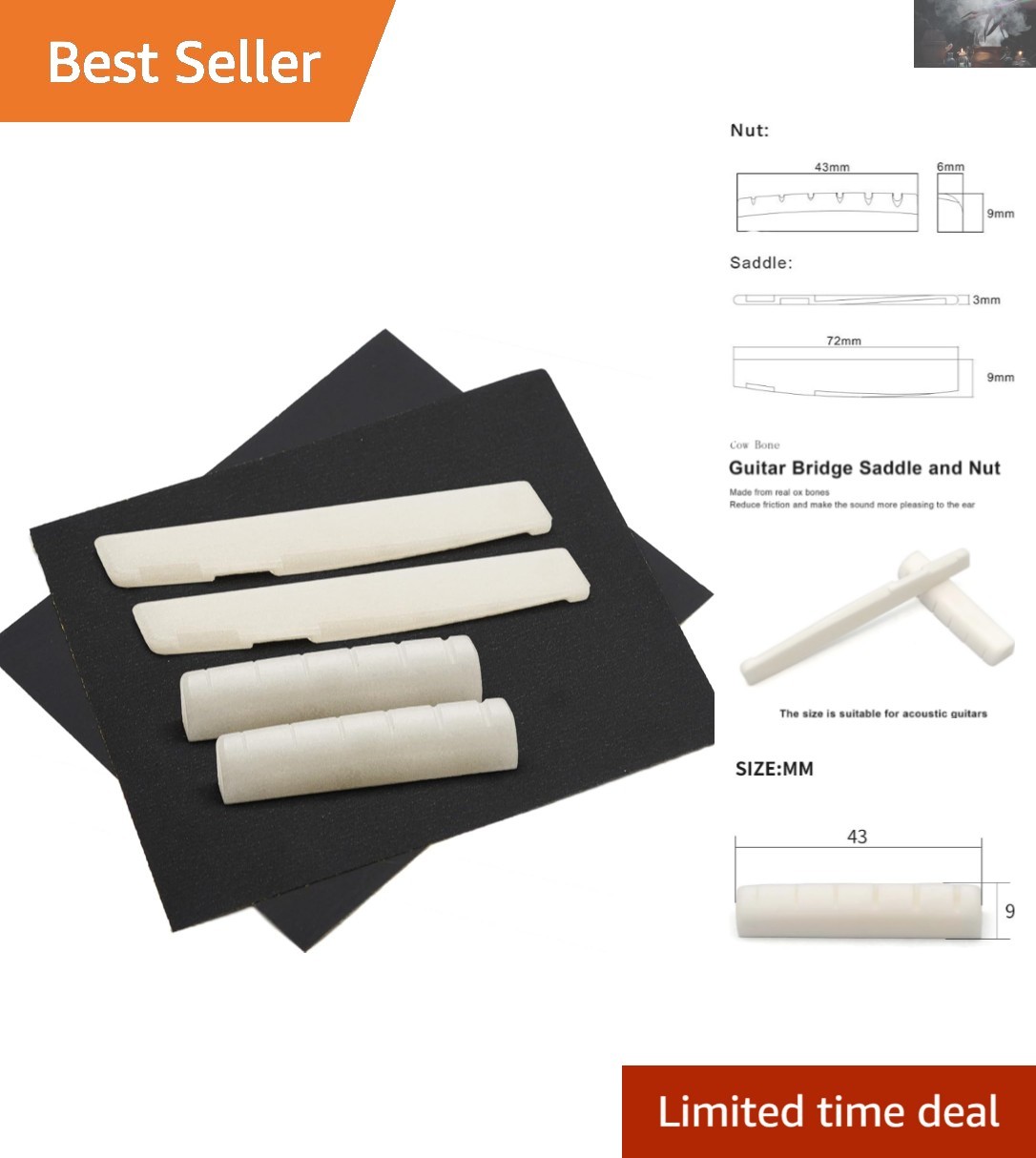 Acoustic Guitar Bone Saddle & Nut Set:  Buffalo Bone for Superior Tone