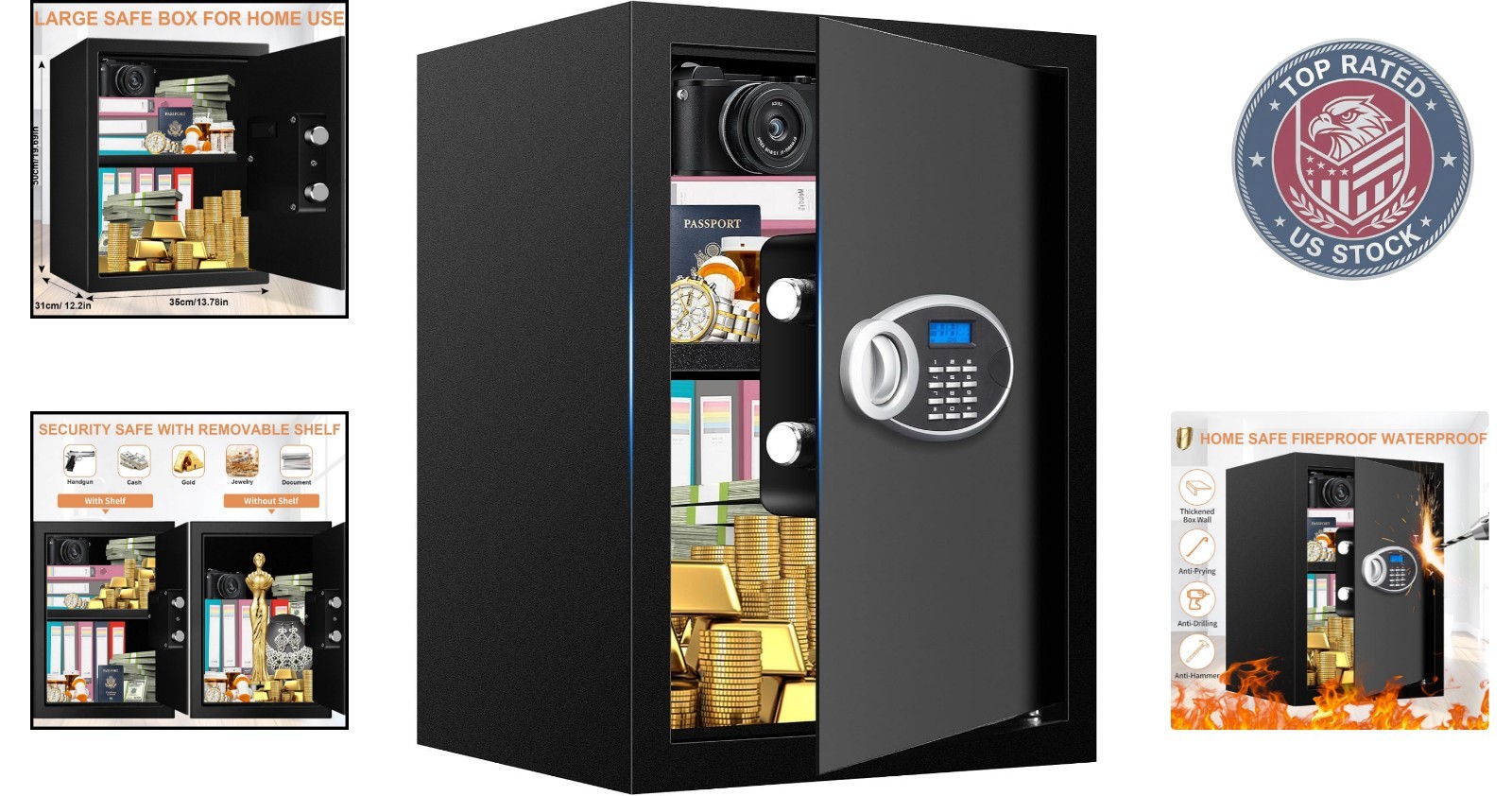 Waterproof 3.3 Cu Ft Digital Safe with Removable Shelf for Valuables & Documents