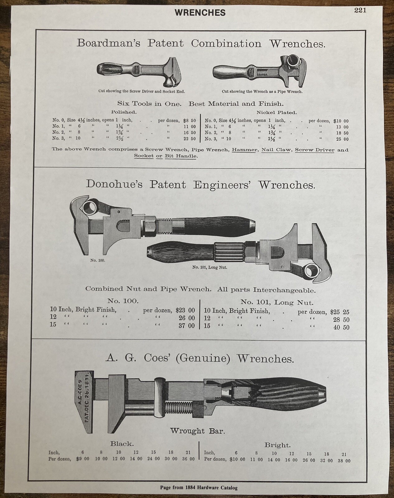 Book Clipping Photo Vintage Tools Combination Wrenches Wall Art 1884