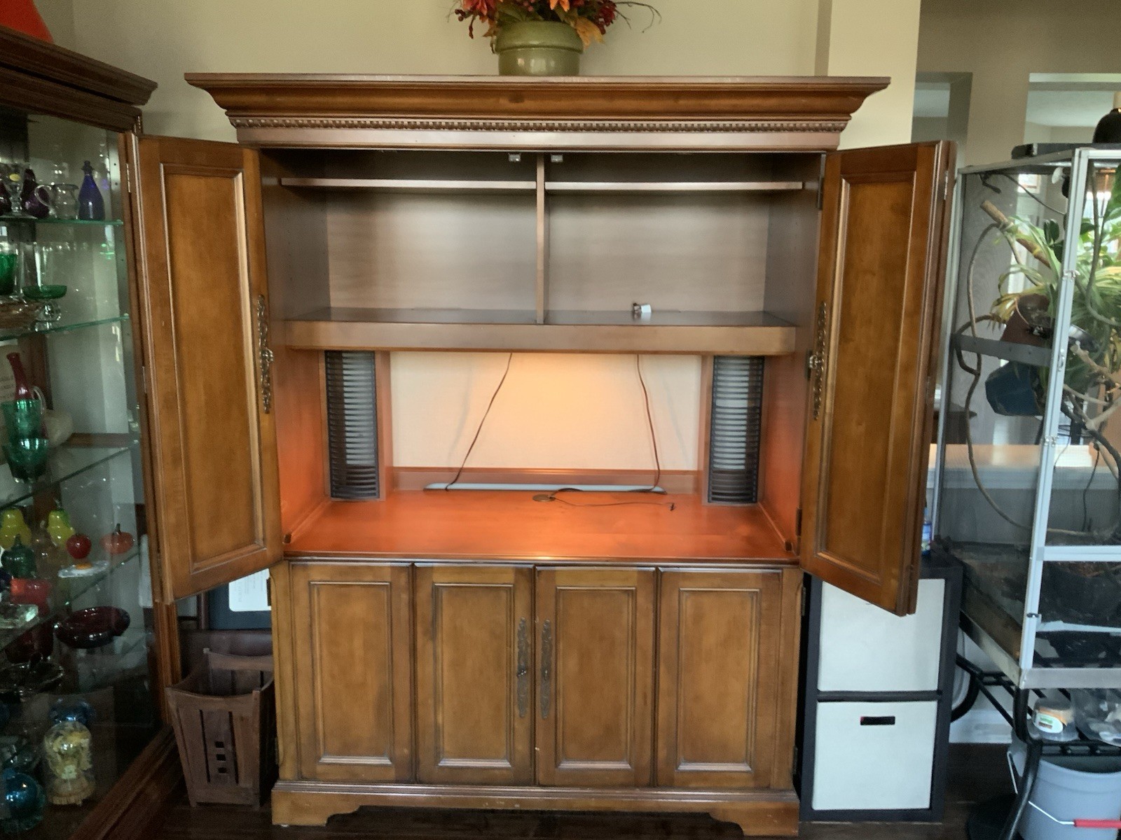 Hooker 2 Piece Office Center Cabinet With Lightning. Good Condition.
