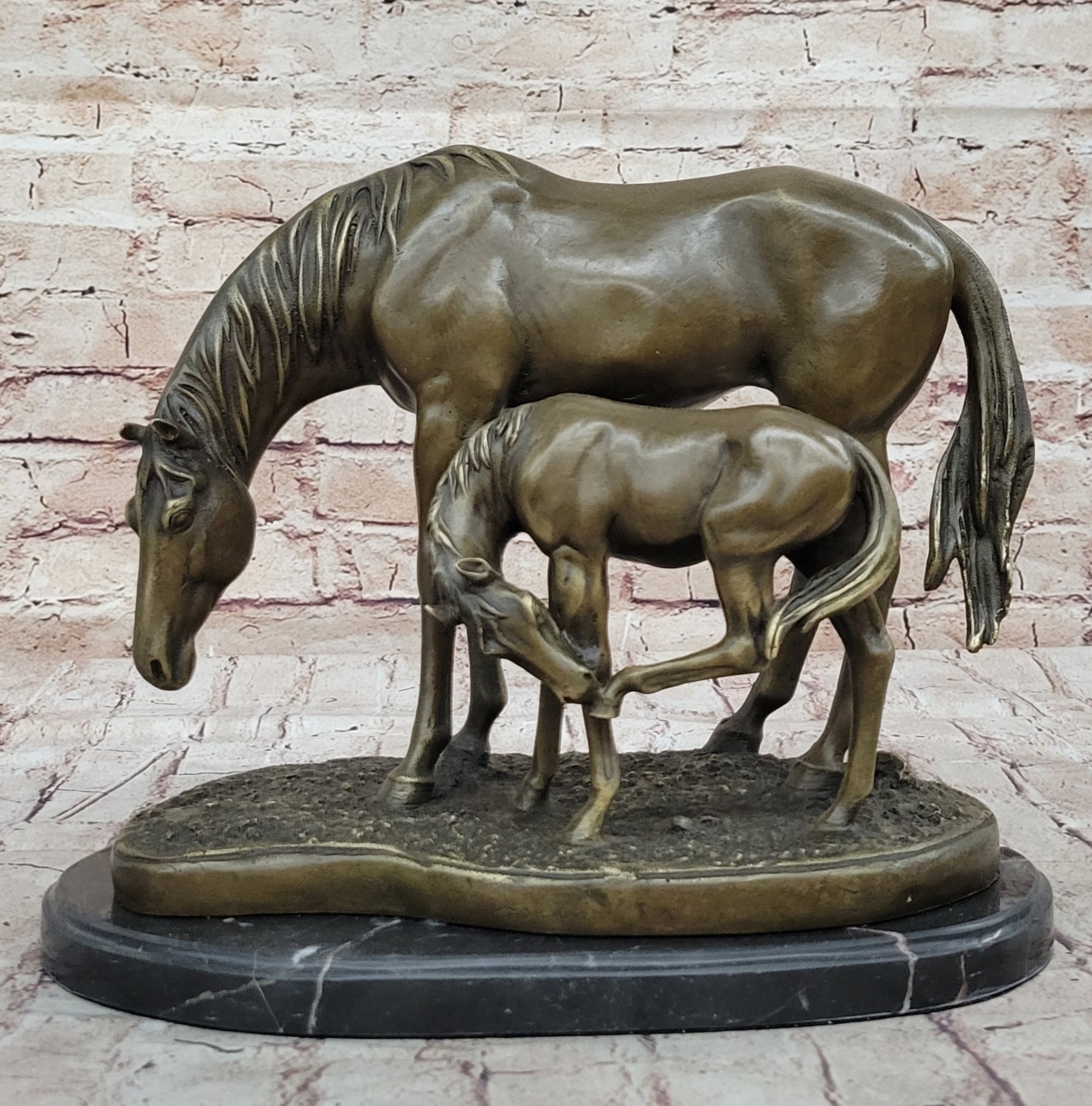 M.Lopez Mare W/ Foal Horse Bronze Sculpture Wild Farm Animal Marble Figurine Art